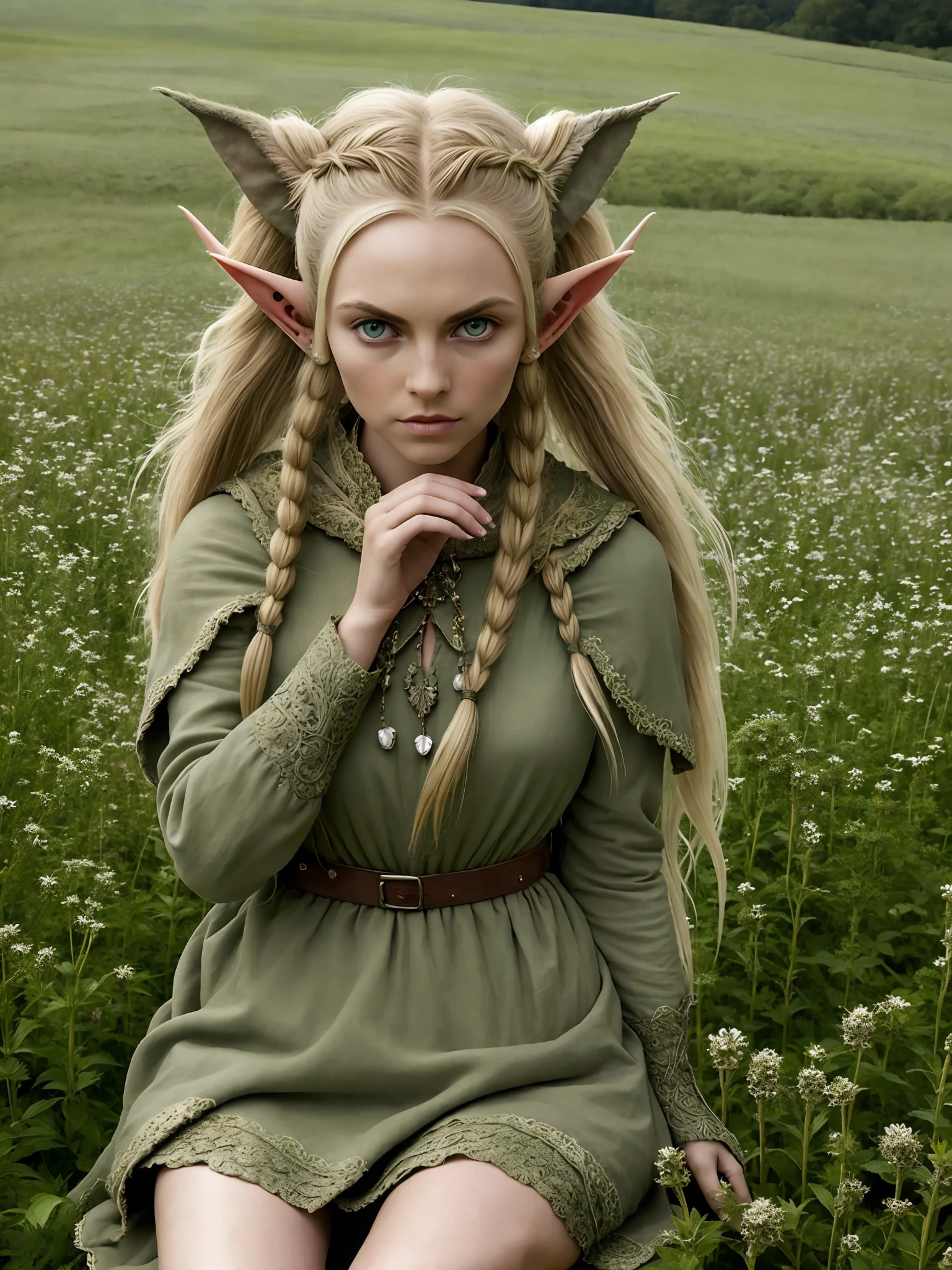 A beautiful Elven ((woman)) highly defined elven features big eyes ,small pokies ((small pokies)) peroxide ((long blonde messy hair)) flowers in hair,(((small pointed ears))), sitting in highly detailed rural french (meadow) setting ,wearing Medieval green cloak and (furs, leathers, and roughly spun cloths, such as hemp or linen). eyeliner, blush, lipstick, art gallery, professional photography, Sony fx6 digital camera, atmospheric, highly detailed, UHD, both eyes the same, masterpiece, high resolution, ultra quality, 16K, skin pores, matte ,(dancing) ,model pose ,Patrick Lichfield, rule of thirds