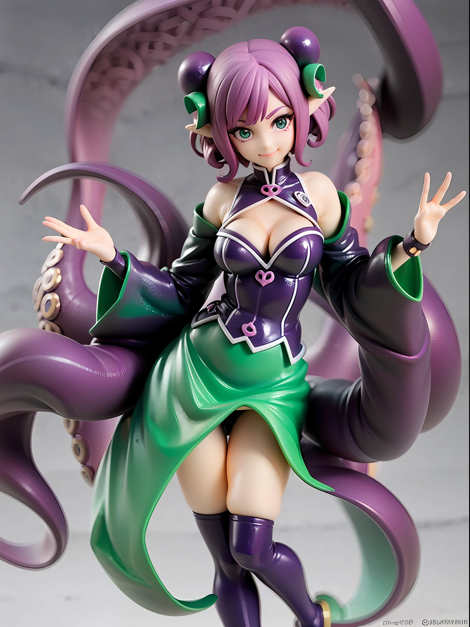girl with octopus tentacles, short purple hair, beautiful emerald green eyes, closed mouth, exciting pose, smile, full body, unique costume with tentacles, looking forward, deep sea background, black and purple theme, playful and cheerful expression, black and purple costume with tentacles, lively design,