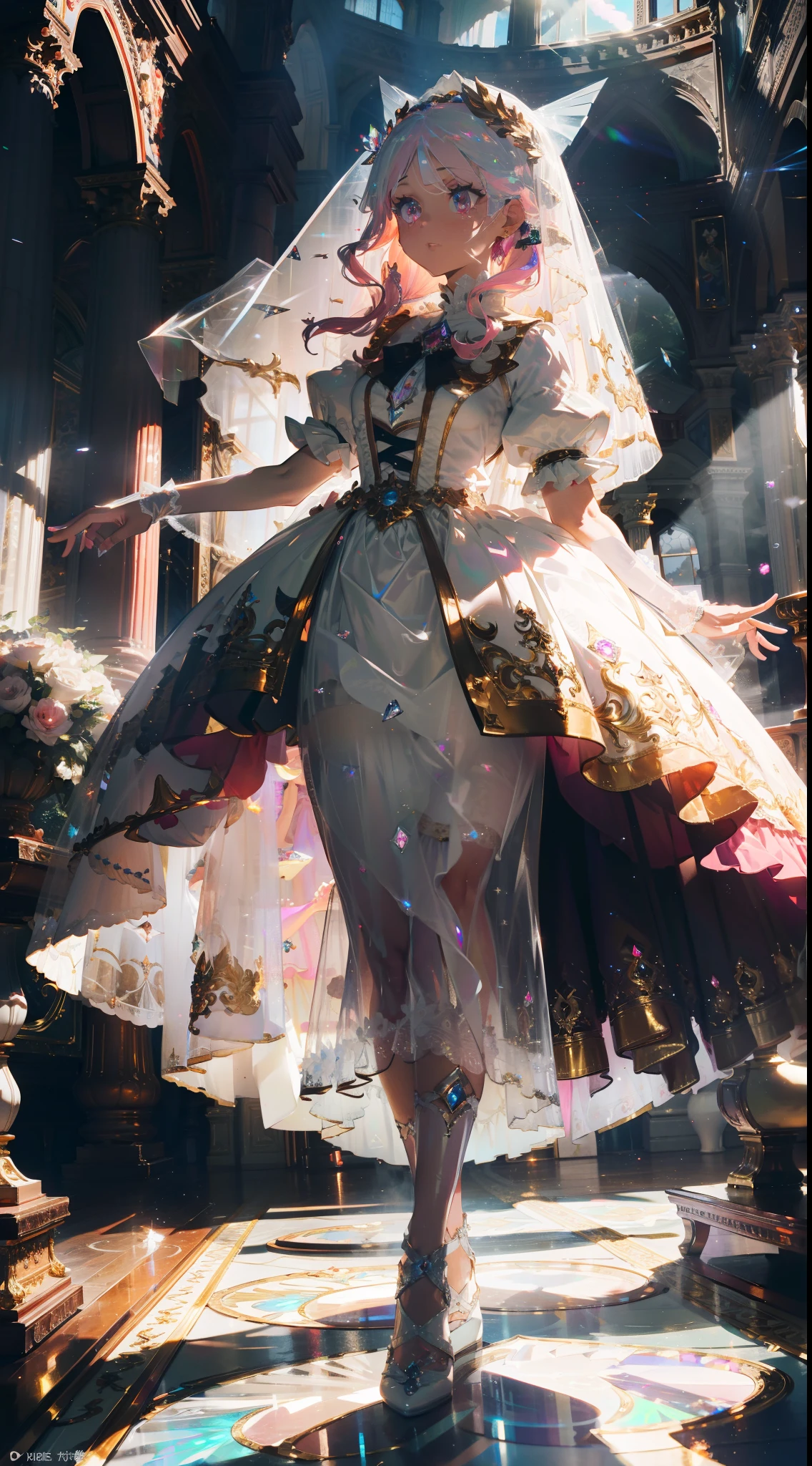 Extreme detailing, rococo style, frills, intricate and gorgeous, gloves, afternoon tea, ponet, curls, cream, gradient pick dye, candy, shiny, shiny, light particles, dynamic pose, dramatic composition, candy hair accessories, pure white skirt, flowers, embroidery, gem-encrusted, flat chest, gauze skirt with broken diamonds, flying, jumping, veil, transparent blouse, lace gloves, delicate portrayal of face, full body, opal-like eyes, skirt in white tones, colorful white, laser, Crystal dress, diamond-like hair, pure white wedding dress, long skirt, trailing tail