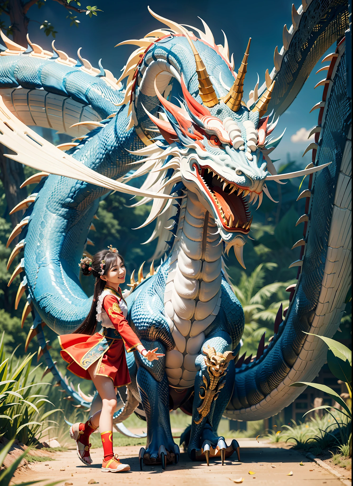 masterpiece, best quality, making friends with the Chinese dragon, fun, happy, bright, loong,