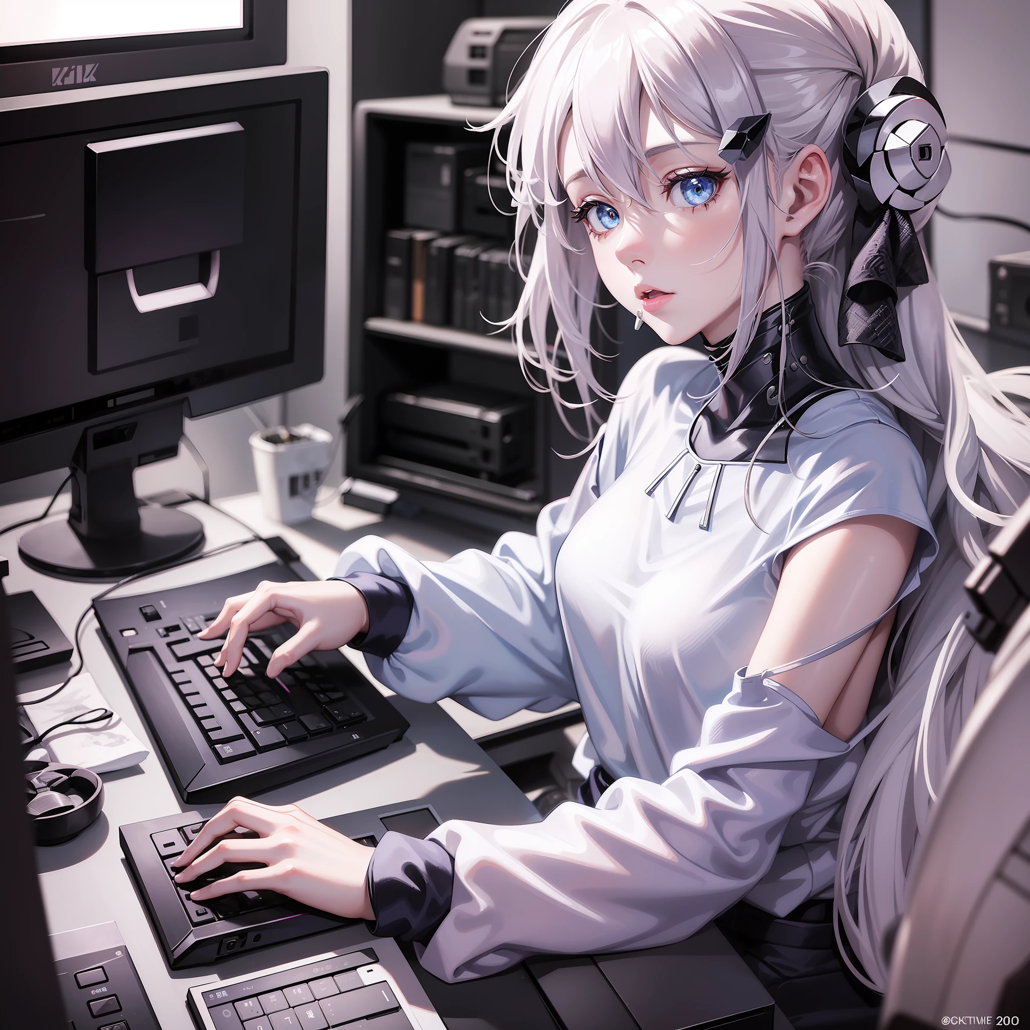 a girl 20 years old,white skin pink face,nose,mouth,lips between open,bright blue color eyes,white turtleneck clothing,military style pants, fiddling with a computer with rgb,a pc. (((anime version)))