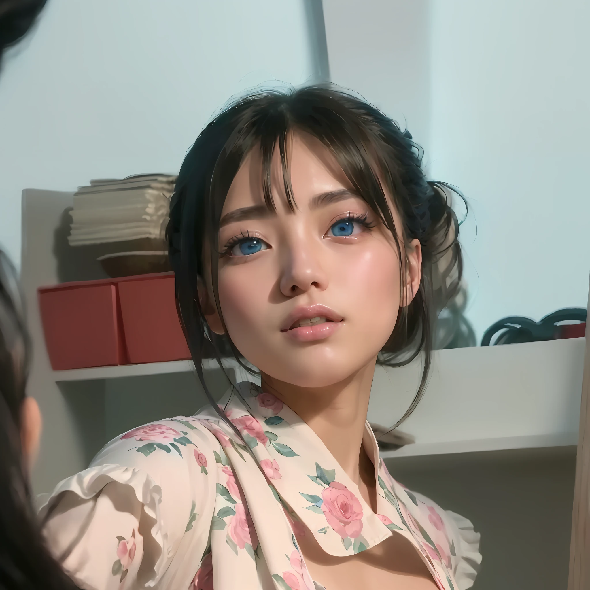 (extremely detailed CG unity 8k wallpaper,masterpiece, best quality, ultra-detailed), (beautiful Asian girl, high angle, in front of the mirror), (blue eyes, multicolored hair:1.2), delicate features, pure smile, (floating hair, dynamic pose), (soft light, shallow depth of field), (color grading: pink blush), (watercolor style, dreamy atmosphere).