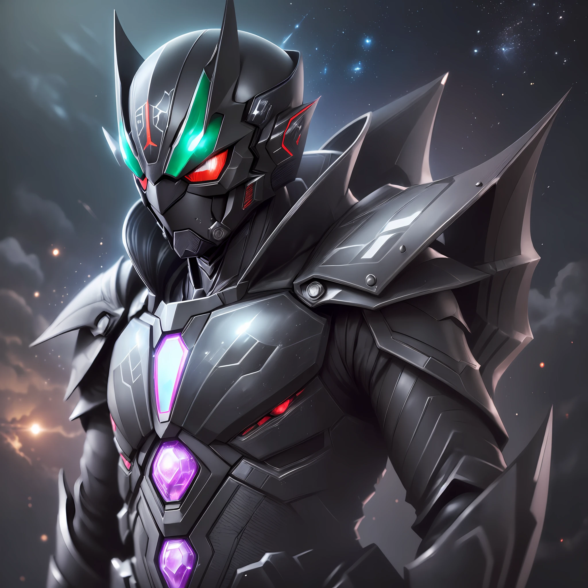 ((A person in a very dark black suit, Kamen rider Ryuga style) 1.5), ((sharp black armor, stealth armor) 1.3), Tokusatsu, Dark, ((Environment: Outer space with planet in the background) 1.4), UHD, 16K, ((armored uniform) 1.5) --auto --s2