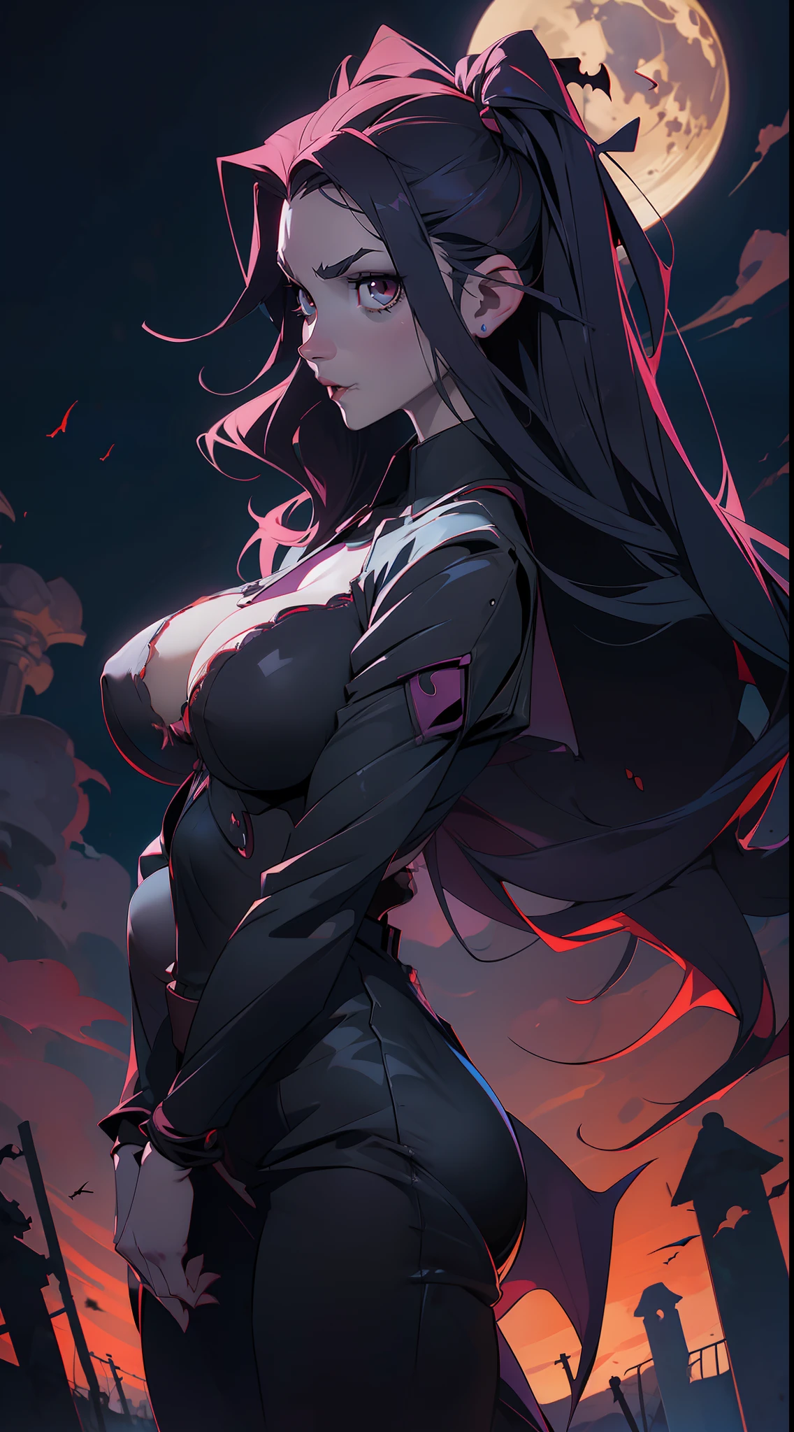 (anime waifu:1.2), (vampire:1.1), (dark shadowy clothes), (perfect body, female body type, pale skin), (huge breasts:1.3), (cemetery background), (beautiful night, moon:1.05), (evil expression).