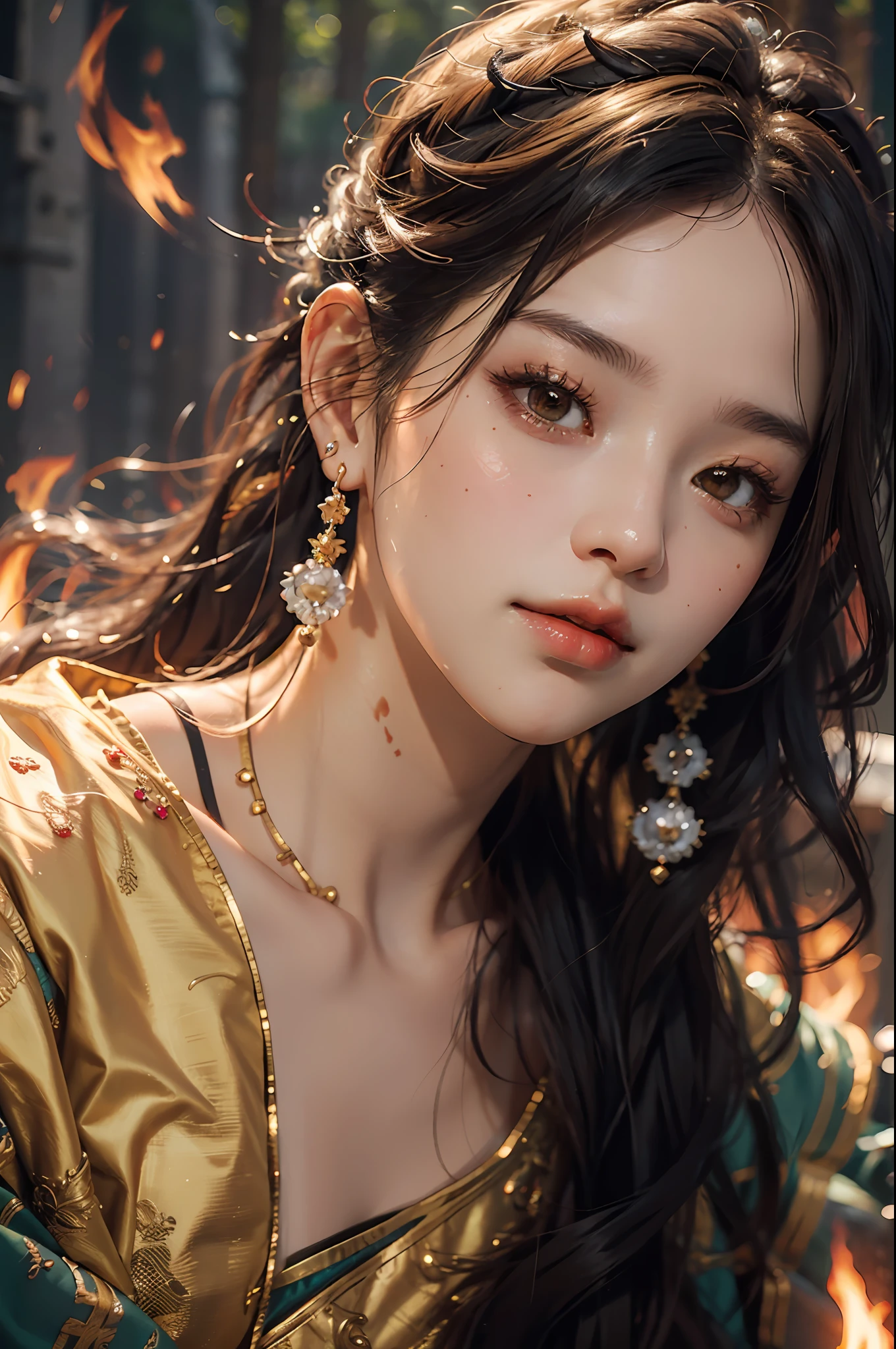 Best Quality, Masterpiece, Ultra High Resolution, (Realistic: 1.4) 1 Girl, beautiful_face, Detailed Skin, Full Body, Yuhuo, Fire, Jewelry, Solo, Earrings, (Fire: 1.3), Blur, Realistic, Lips,