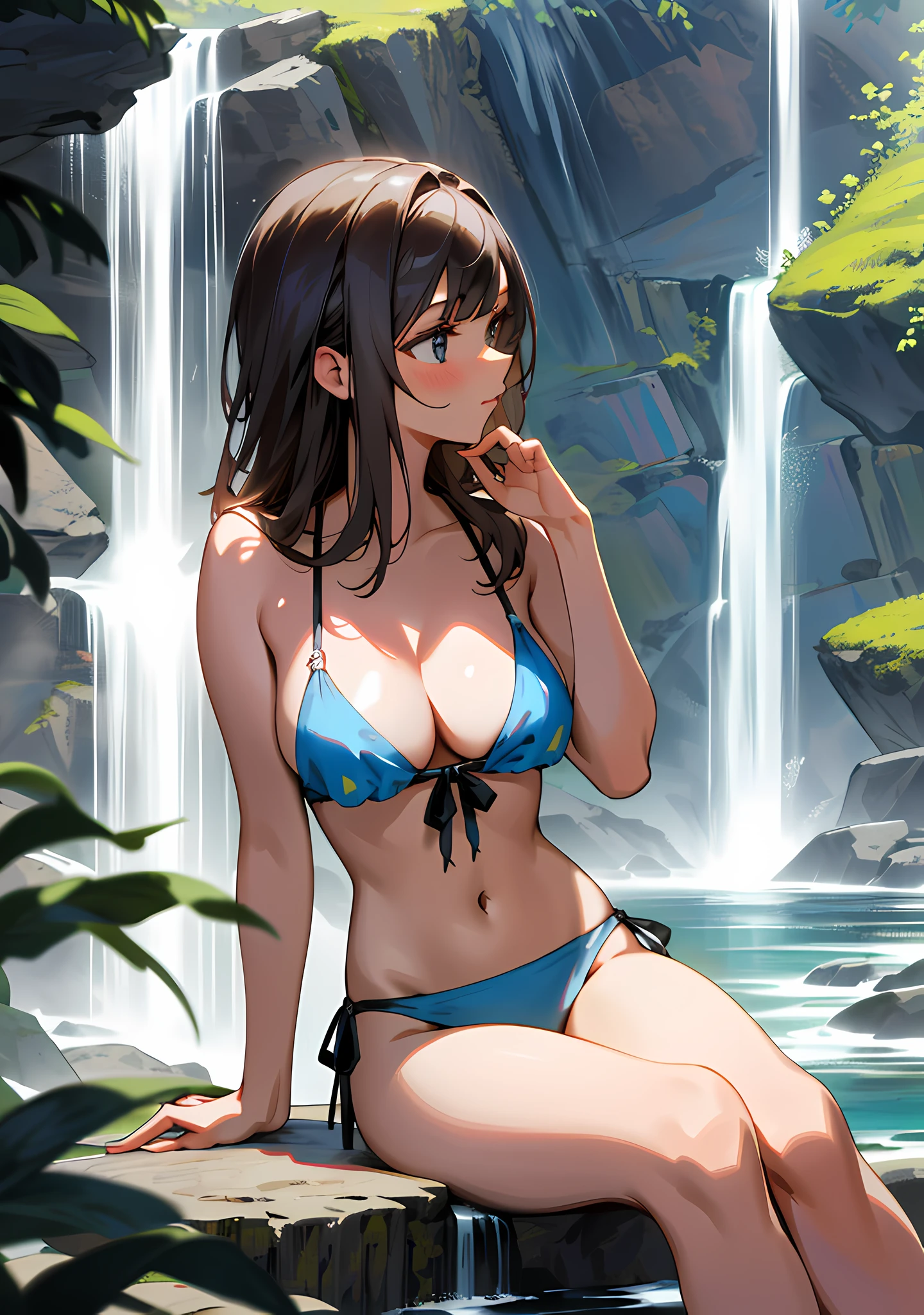 "Gorgeous and high-quality, highly detailed masterpiece that features 2 charming girls in bikini sitting near a waterfall. Creating a atmosphere." medium breasts, (nipple slip:1.1), cleavage, kissing