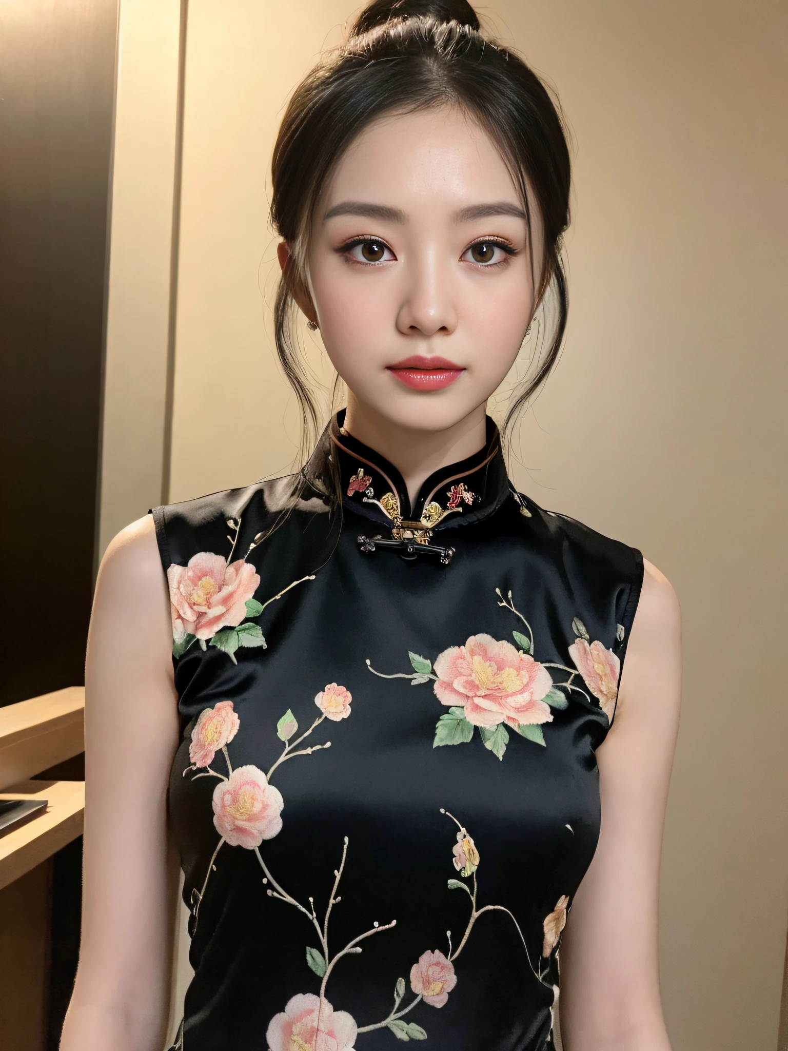 ((Best Quality, 8K, Masterpiece: 1.3)), Focus: 1.2, Wearing Black Cheongsam, Flower Print, Split End, Full Body Photo, Cafe Wall, Highly Detailed Facial and Skin Texture, Detailed Eyes, Double Eyelids, Whitened Skin, Long Hair Ponytail