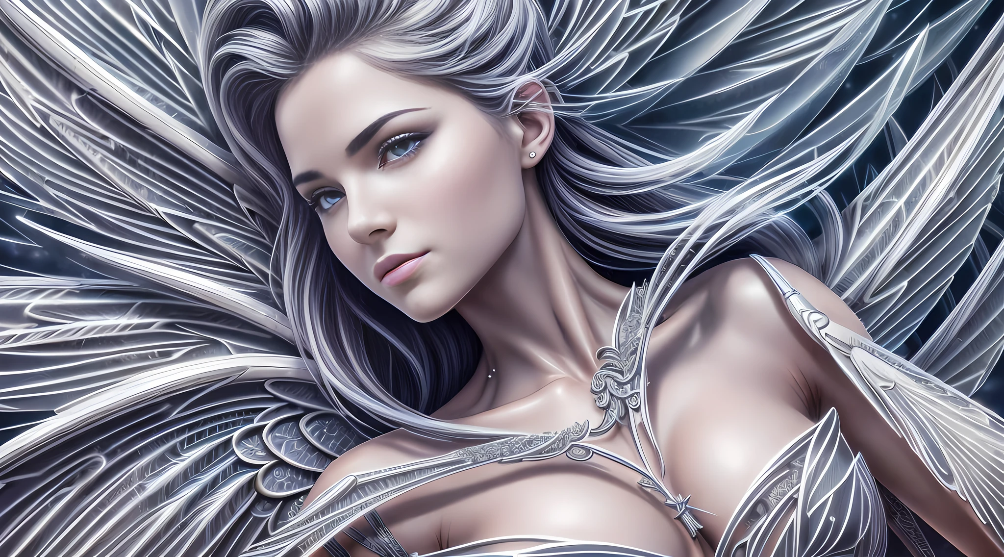 Ultra detailed professional photo of a woman, angelic, complex wings, beautiful face, high detail, realism, enchanting, sexy, plump, full body detail art close-up