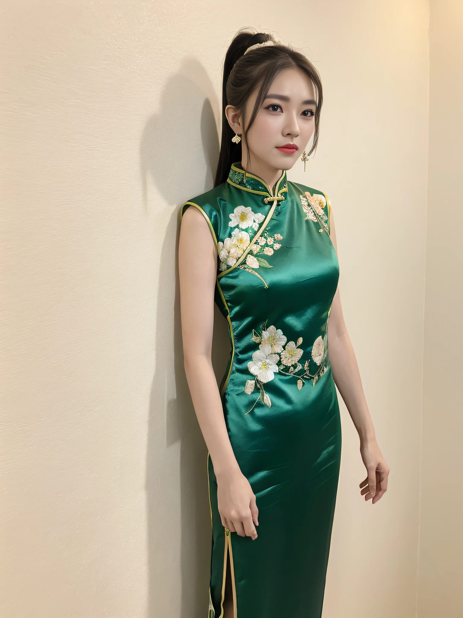 ((Best Quality, 8K, Masterpiece: 1.3)), Focus: 1.2, Wearing Emerald Green Cheongsam, Flower Print, Split End, Full Body Photo, Standing Pose, White Wall, Highly Detailed Face and Skin Texture, Detailed Eyes, Double Eyelids, Whitened Skin, Long Ponytail