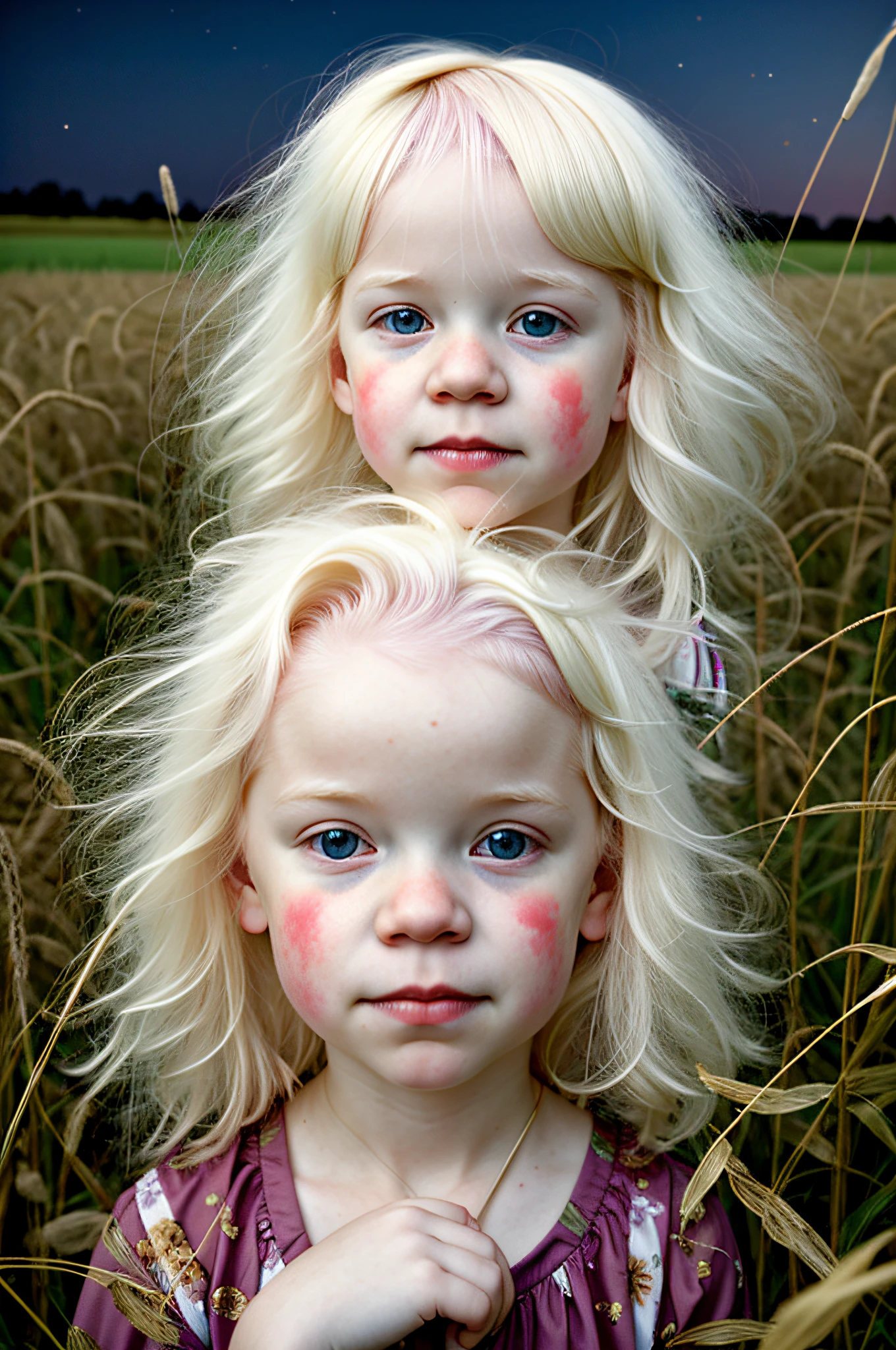 irish precious albino girl sleepy in cornfield with cottoncandy jellyfishes, nighttime, fireflies, closeup, cottoncandy, style of sally mann in color