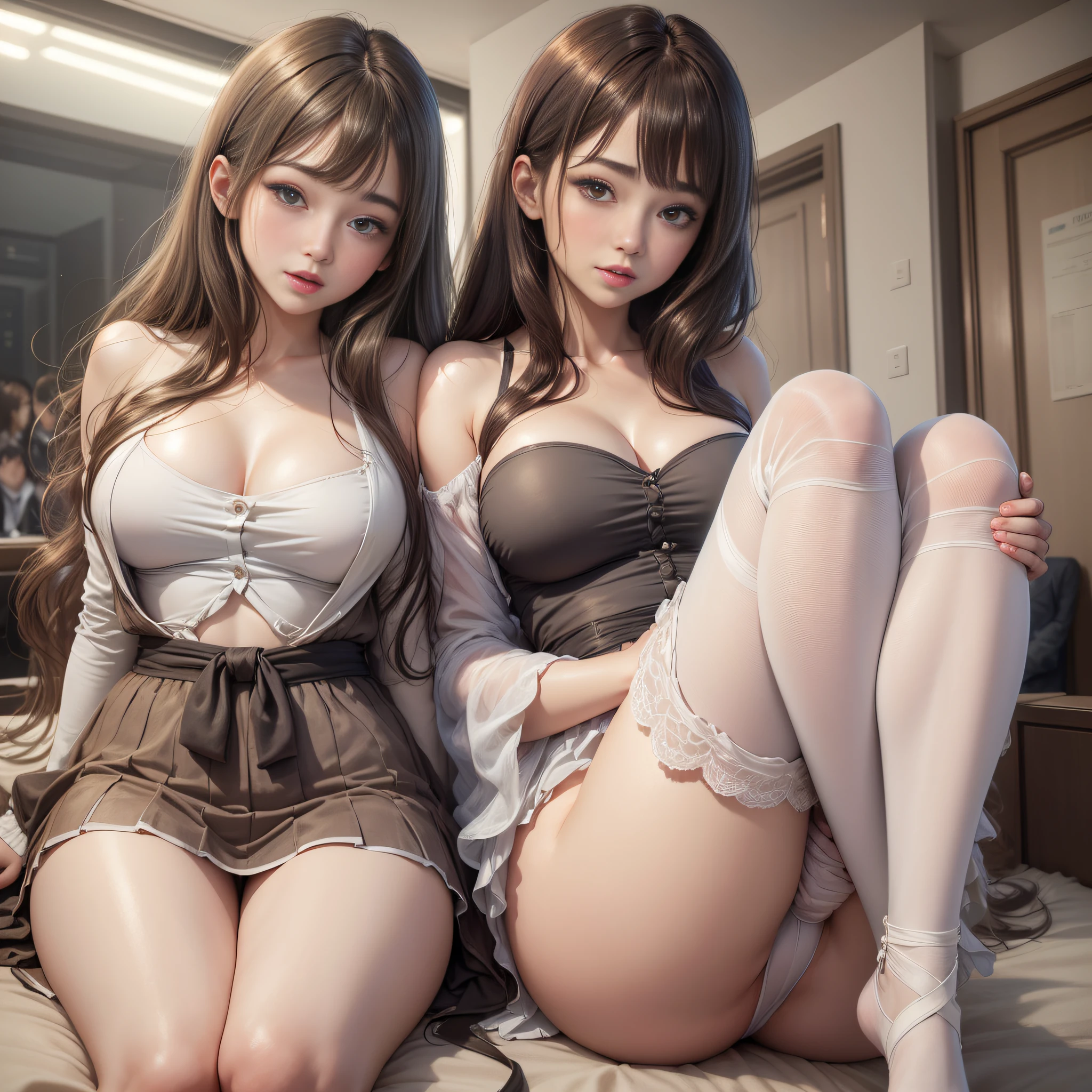 Photo pose, pop, realistic, live-action, photo, Mai Shiraishi, so cute, cute smile, beautiful face, blush, well-groomed face, beautiful woman, beautiful eyes, bangs between eyebrows, very cute, perfect anatomy, (light gray eyes), peach fluff, messy hair, wide waist, 8k resolution, human hands, very detailed, smooth and stunningly beautiful, transparent white panties,( Sitting position with legs spread with bent knees))), (open mouth: 1.7), (close eyes: 0.7), attractive feminine body, beautiful, beautiful twins most famous in the world, waist constriction, beautiful legs, taut skin, very detailed face and skin texture, detailed eyes, double eyelids, pale cheeks, healthy skin, (layered hairstyle, dark brown hair), (exposed chest), (((disheveled clothes and hair: 1.2)), ( Elegant uniform: 1.2), (large breasts), (natural breasts, natural cleavage), (in an incredibly crowded cinema)), from below, ((blushing violently: 1.8)),