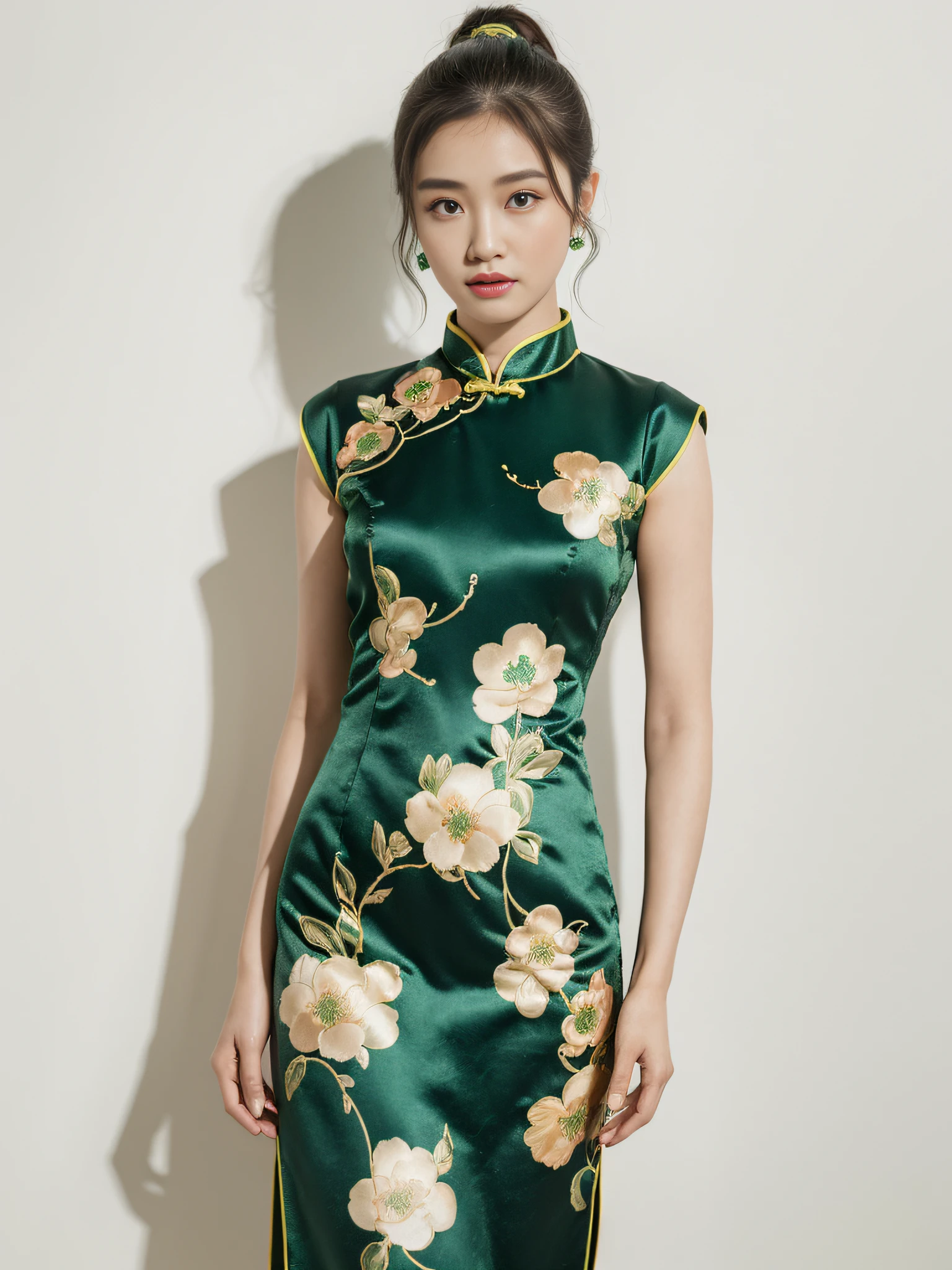 ((Best Quality, 8K, Masterpiece: 1.3)), Focus: 1.2, Wearing Emerald Green Cheongsam, Flower Print, Split End, Full Body Photo, Standing Pose, White Wall, Highly Detailed Face and Skin Texture, Detailed Eyes, Double Eyelids, Whitened Skin, Long Ponytail