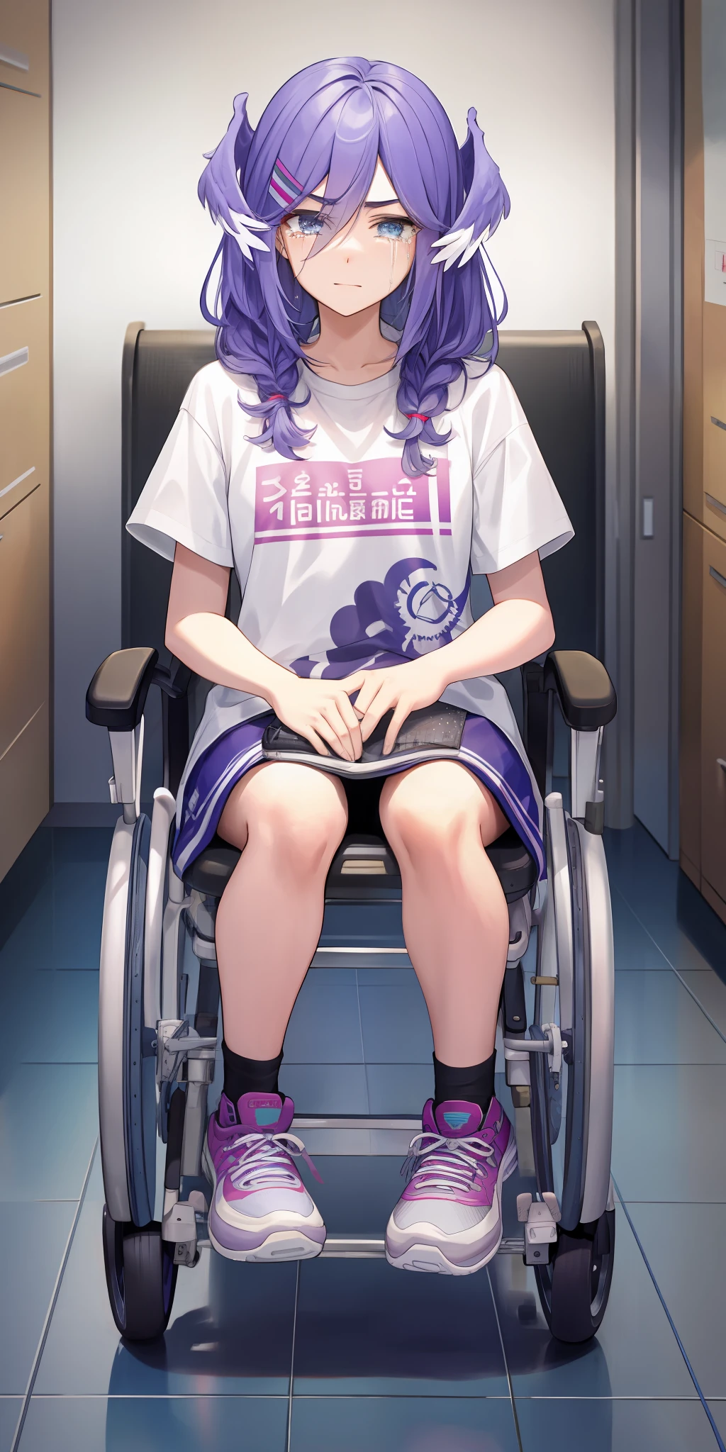 Selen tatsuki, wheelchair, blanks eyes, hospital, depressed, sneakers, crying