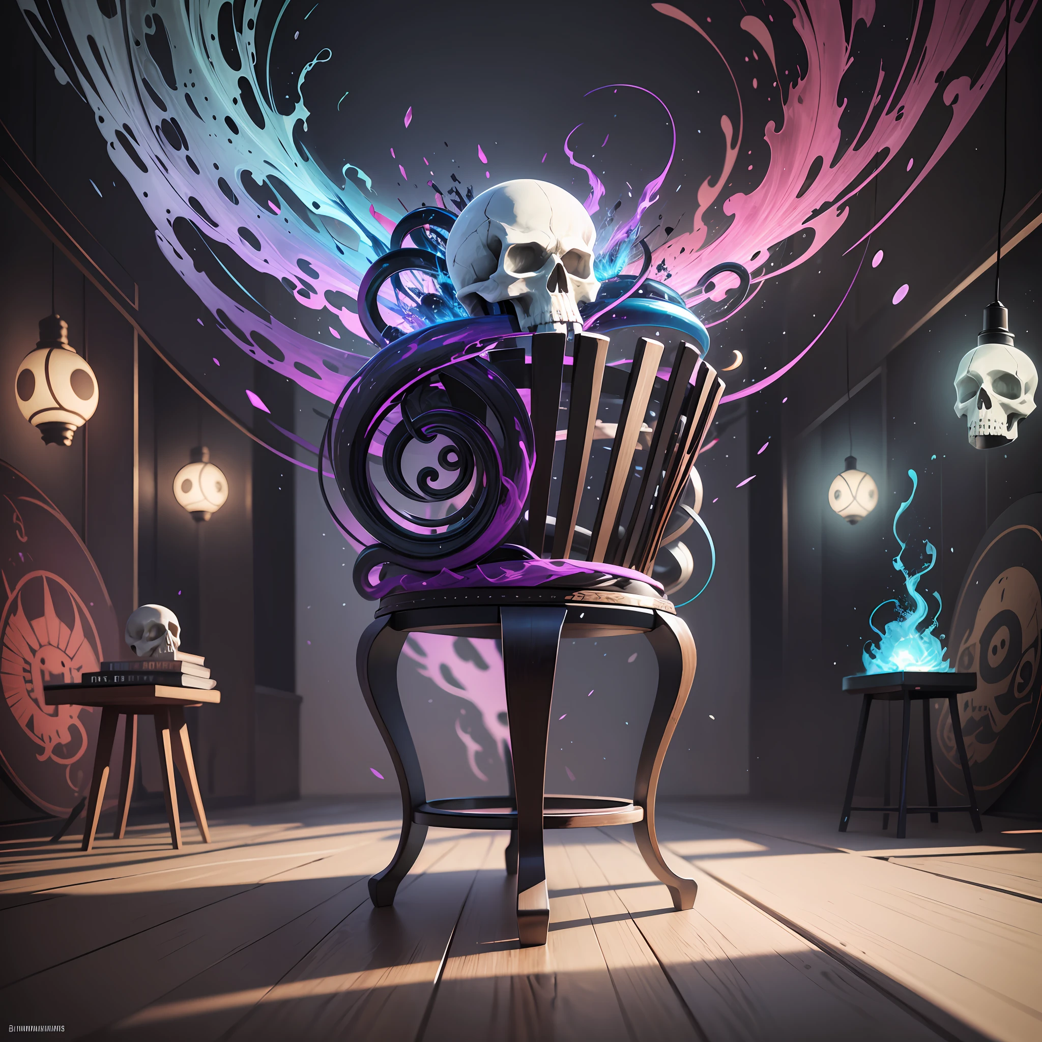 skull with bulging eye, ninja skull, art deco skull, full 4k face, skull well balanced in color, with dark background, animalistic background with blur as if quoted with a moon in the center, thunder, lightning, luminous, dynamic, penny broken skull in two, but not exactly, with 2 chairs and a table in the center, podcast, 100 of the broken cane with lights reflecting off the table and chair, with splashes of colored cutouts, with elemental being smashed, breaking everything around it, everything in the cracked main floor with saine panque art custom fashion with depth and upholstery w/ grappling table mic w/ portal dark flames lapera mic early music mic oversized mic tentacles --auto --s2