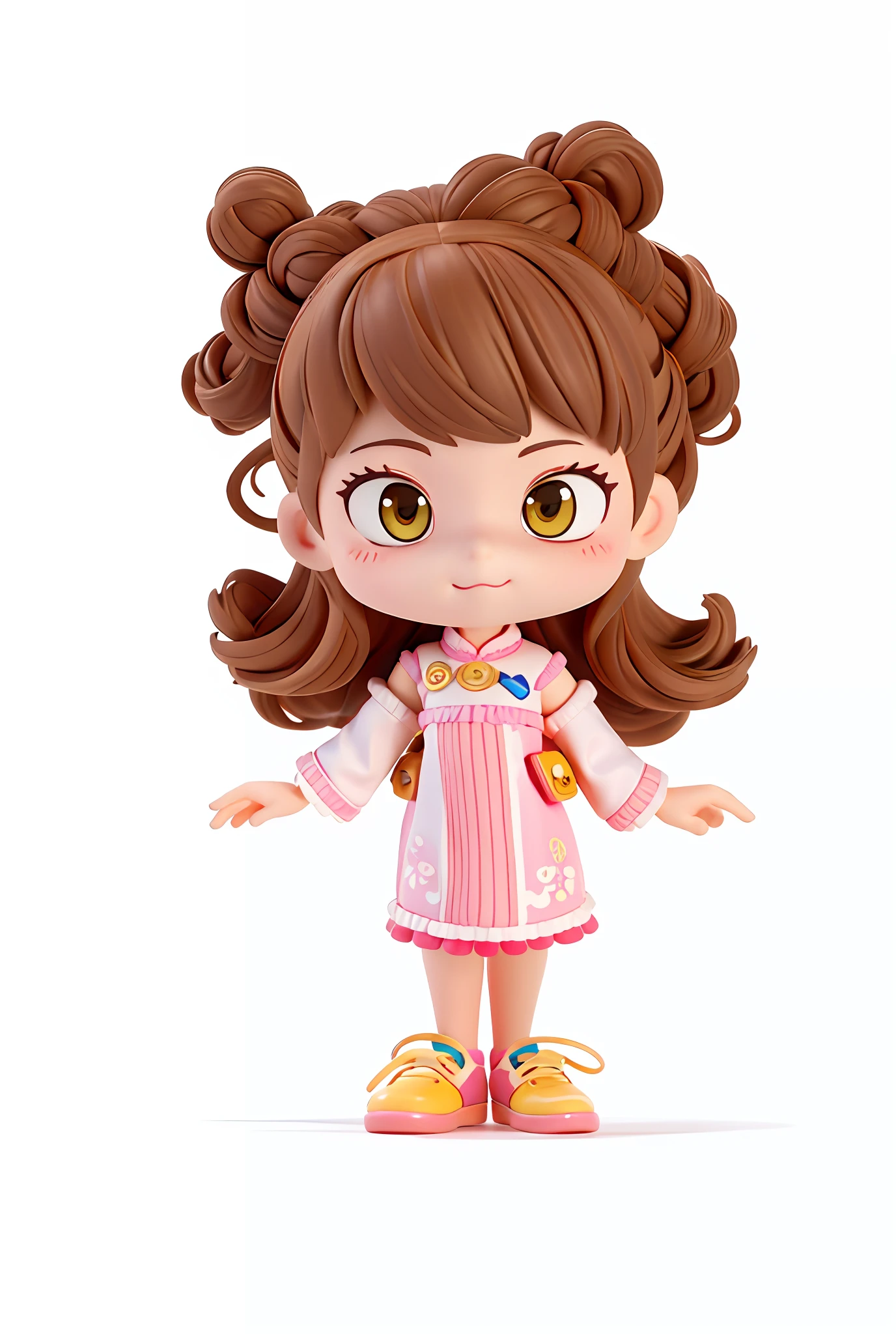 Fluffy brown hair, pink off-the-shoulder cheongsam, yellow shoes happy cartoon girl, inspired by Disney character portraits, cartoon cute, full body portrait, 3D avatar, blind box characters, cute characters, absurd swinging spots in dresses, madeline from celeste, cute cartoon characters, full body characters, single character full body, cartoon style, highly detailed characters, full body portraits of trousers, official fan art, characters are standing, cute cartoon characters, merged characters