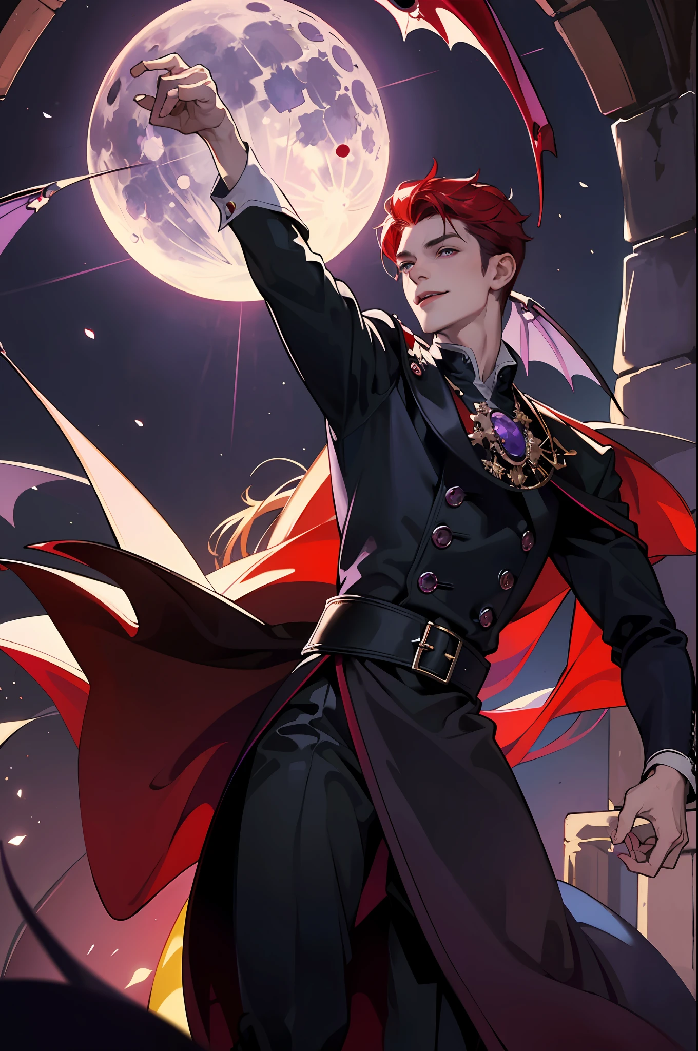 This is what a real Vampire looks like! Antique vampire clothes, elegant, gentlemanly. He is smiling friendly, his red hair is vivid, his red eyes shine against his perfect skin. In the background a purple church window, with moonlight reflecting behind. All this is in a beautiful and dark light, which makes it look amazing。 (High quality: 1.2, Church at night: 1.5, Antique Vampire Clothing: 1.4) (((At night))) (((VIEW FROM BELOW, RIDING THE VIEWER))) (Provocative light, mysterious darkness) (((Violet Moon))) Defined Face) Perfect Hands)