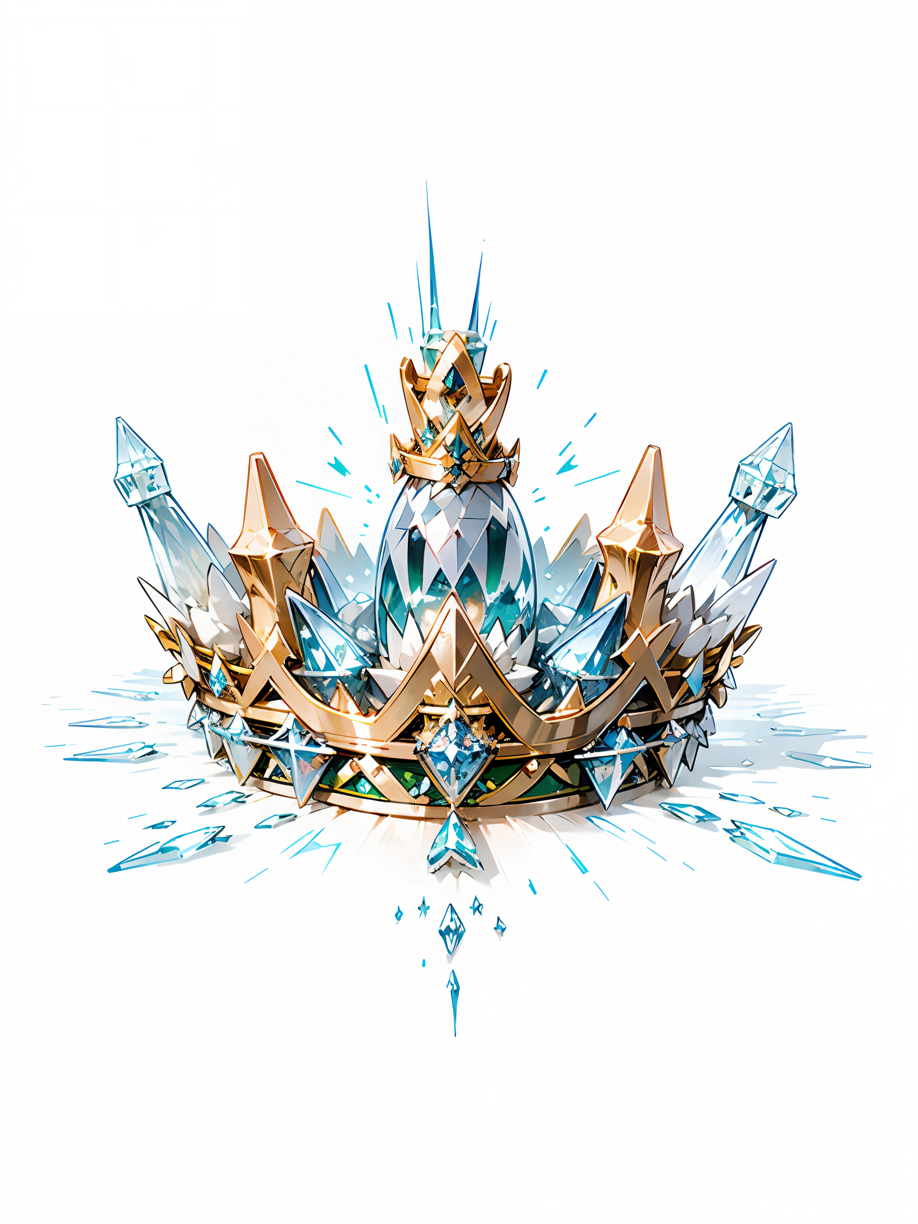 8k, (crown close-up), (((looking up))), with a gold + diamond crown on white background, diamond wings!! ,((((((Elf Crown)))),(Game Crown)))),(Gold + Diamond Crown)),((Left and Right Symmetrical Crown)),(((Streamlined Crown)))),(((Slender Crown))), Gorgeous, Colorful, Complex Diamonds, Ultra Realistic Fantasy Crown, Crystal Crown, White Laser Crown, Crystal Corolla, Floating Crown, (Ray Tracing), ((Clean Background)), Crown, Crown, Giant Diamond Crown, Diamond Tiara, Diamond Crown --auto --s2