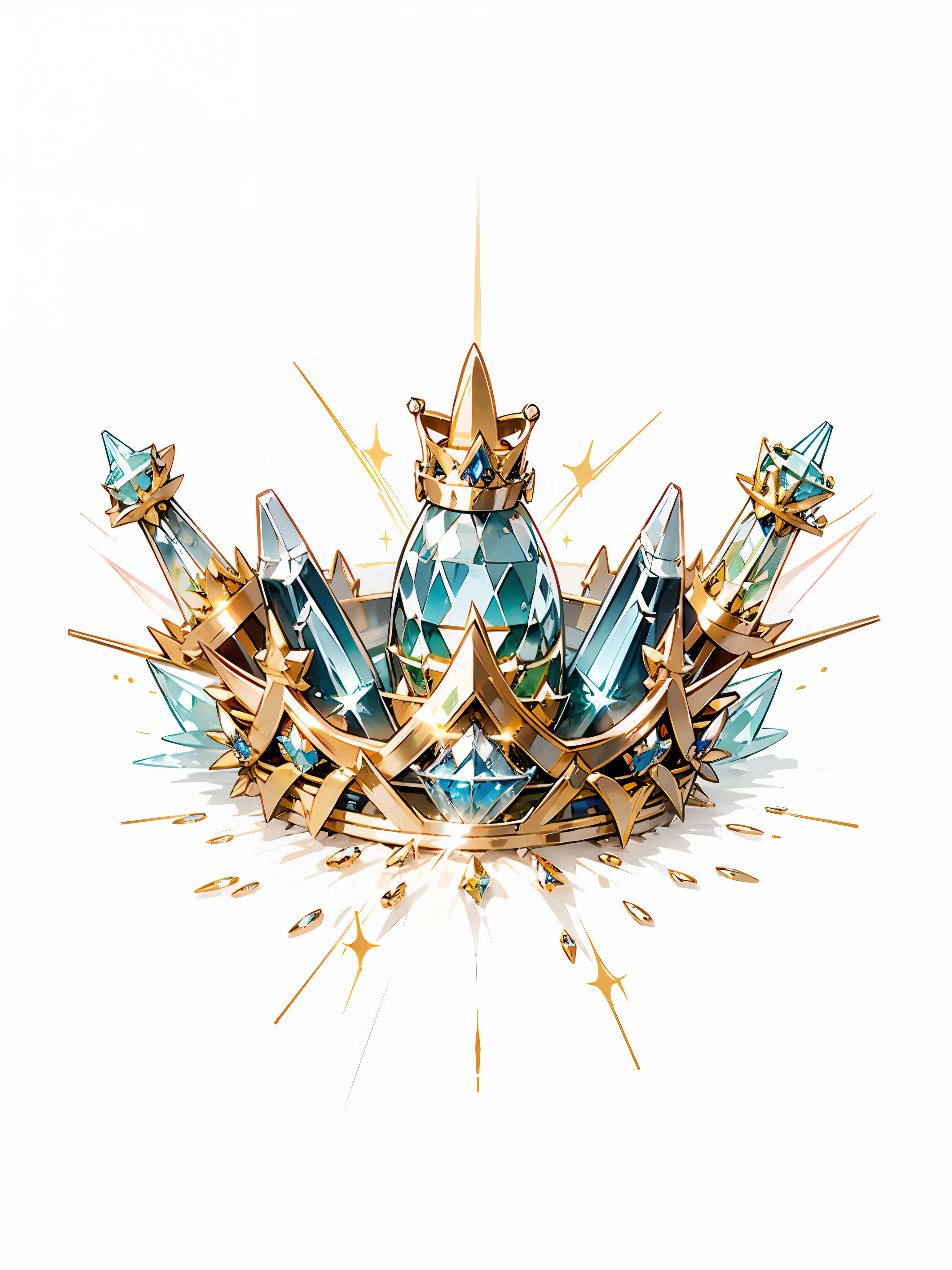 8k, (crown close-up), (((looking up))), with a gold + diamond crown on white background, diamond wings!! ,((((((Elf Crown)))),(Game Crown)))),(Gold + Diamond Crown)),((Left and Right Symmetrical Crown)),(((Streamlined Crown)))),(((Slender Crown))), Gorgeous, Colorful, Complex Diamonds, Ultra Realistic Fantasy Crown, Crystal Crown, White Laser Crown, Crystal Corolla, Floating Crown, (Ray Tracing), ((Clean Background)), Crown, Crown, Giant Diamond Crown, Diamond Tiara, Diamond Crown --auto --s2