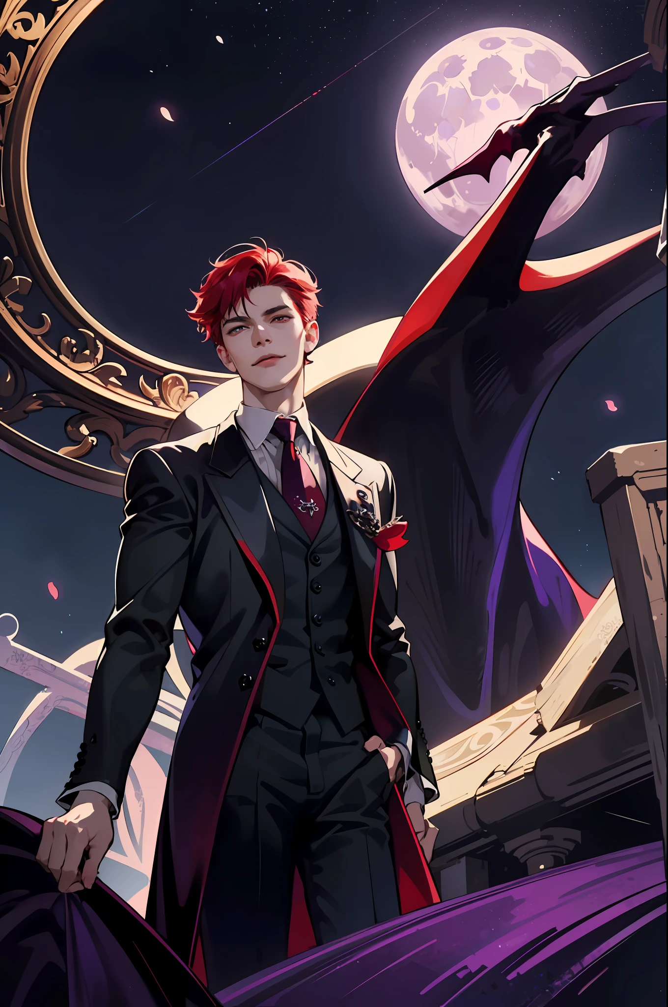 This is what a real Vampire looks like! Antique vampire clothes, elegant, gentlemanly. He is smiling friendly, his red hair is vivid, his red eyes shine against his perfect skin. In the background a purple church window, with moonlight reflecting behind. All this is in a beautiful and dark light, which makes it look amazing。 (High quality: 1.2, Church at night: 1.5, Antique Vampire Clothing: 1.4) (((At night))) (((VIEW FROM BELOW, RIDING THE VIEWER))) (Provocative light, mysterious darkness) (((Violet Moon))) Defined Face) Perfect Hands)