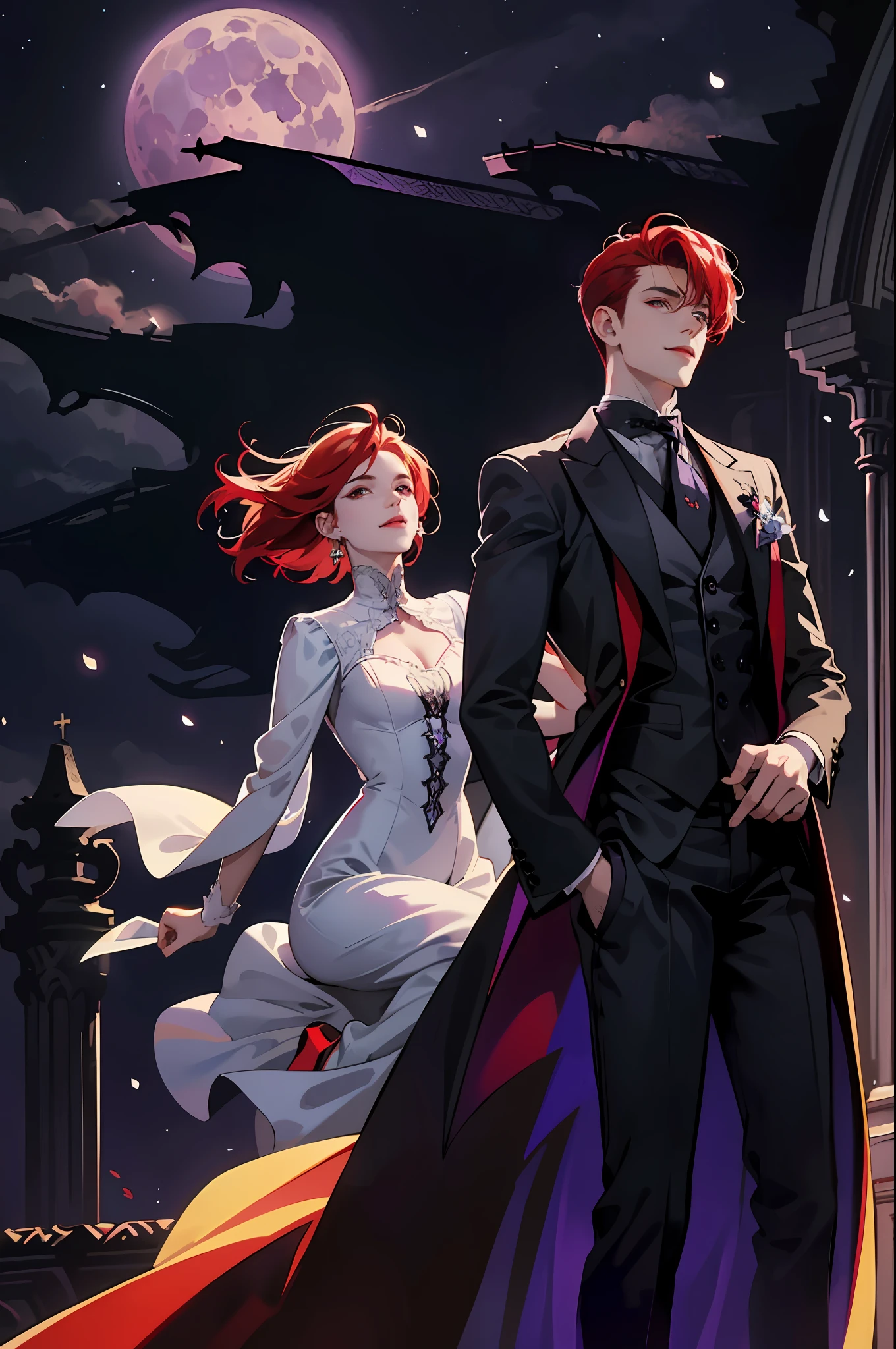 This is what a real Vampire looks like! Antique vampire clothes, elegant, gentlemanly. He is smiling friendly, his red hair is vivid, his red eyes shine against his perfect skin. In the background a purple church window, with moonlight reflecting behind. All this is in a beautiful and dark light, which makes it look amazing。 (High quality: 1.2, Church at night: 1.5, Antique Vampire Clothing: 1.4) (((At night))) (((VIEW FROM BELOW, RIDING THE VIEWER))) (Provocative light, mysterious darkness) (((Violet Moon))) Defined Face) Perfect Hands)
