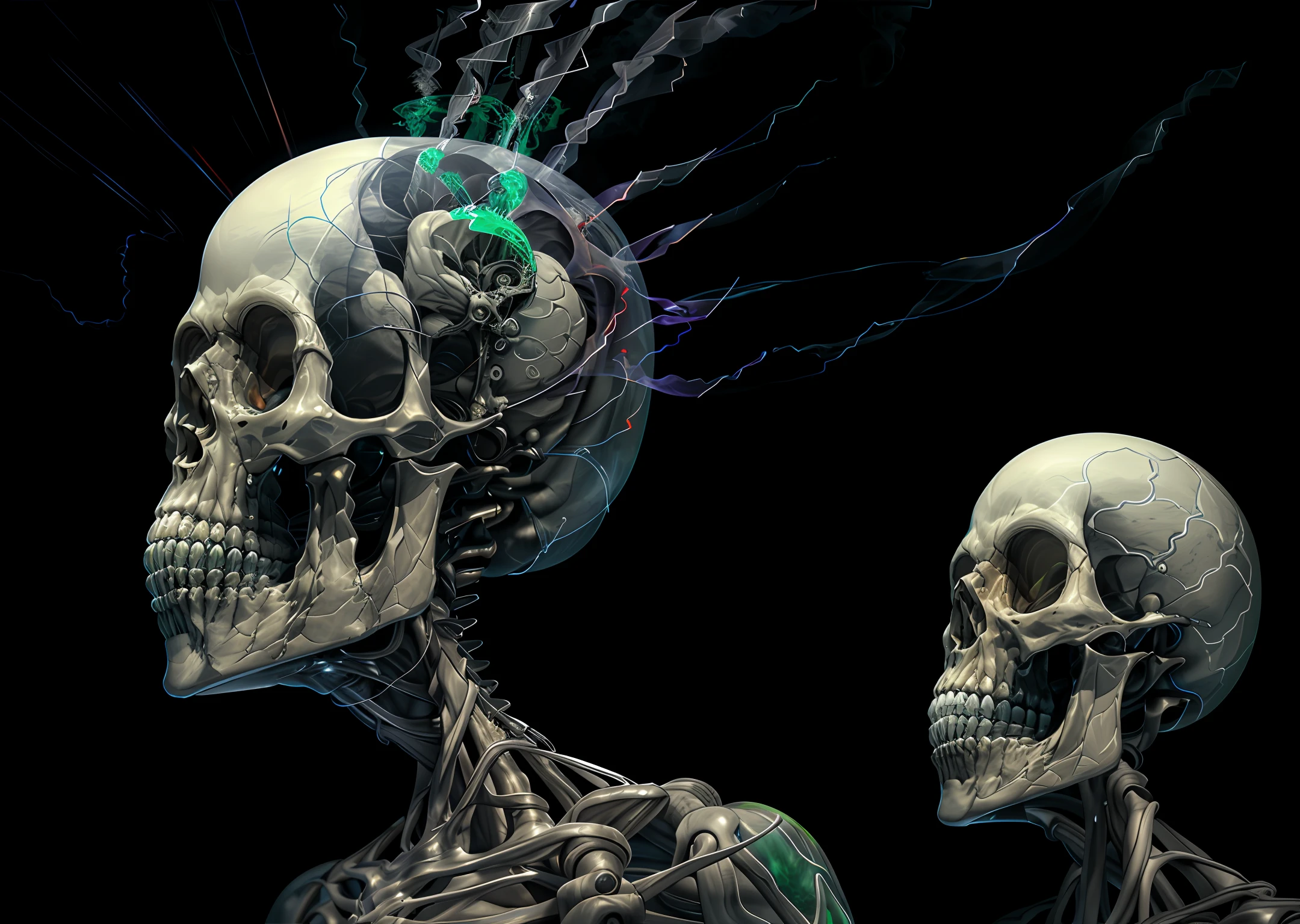 A mechanical skull with its mouth half-open.
background a grayish black smoke with green lights in the eyes.
Looking to the side.
Realistic.
Natural lights.