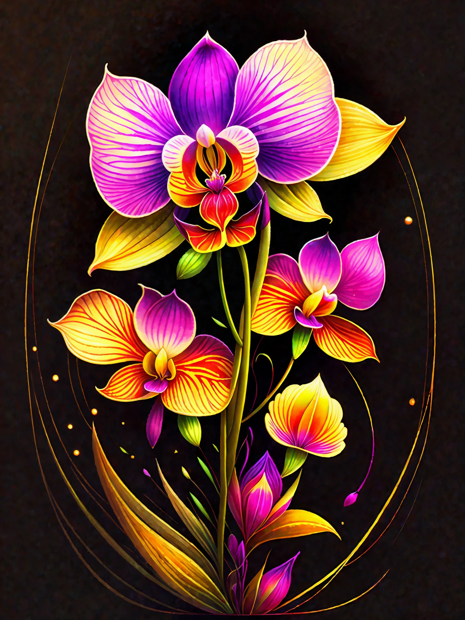a painting of a colorful orchid on a black background,, breathtaking rendering, within a radiant connection, inspired by Kinuko Y. Craft,, magical elements, icon of an orchid, wow, is beautiful, casting a multi colorful spell, bright flash, flash