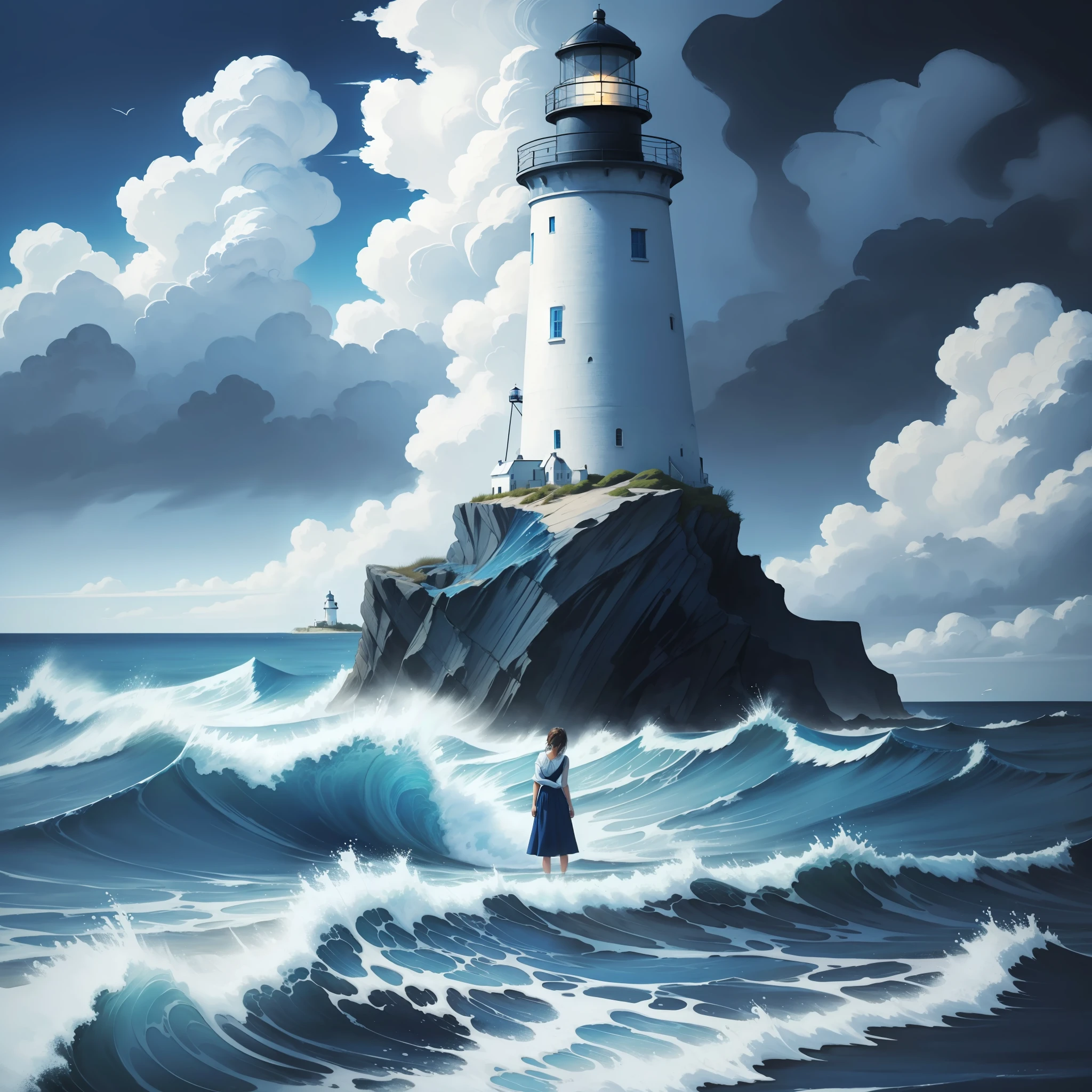 1sad woman, alone at beach, ink painting,, pretty, masterpiece, blue monochrome paint colors, an lighthouse at distance, hd, perfect, emotional, an emotional work painting, woman at center of painting crying, emotional, pretty