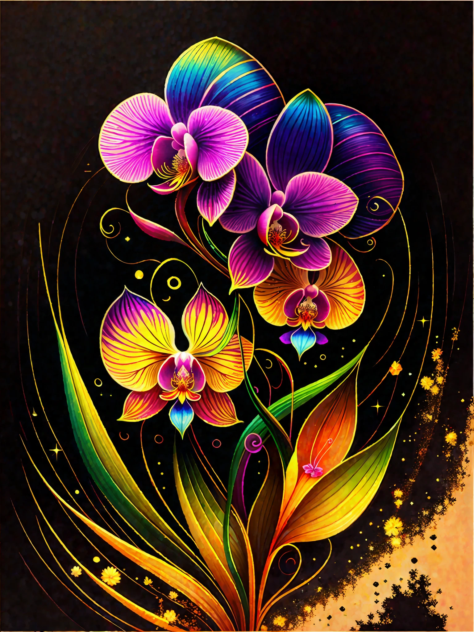 a painting of a colorful orchid on a black background,, breathtaking rendering, within a radiant connection, inspired by Kinuko Y. Craft,, magical elements, icon of an orchid, wow, is beautiful, casting a multi colorful spell, bright flash, flash