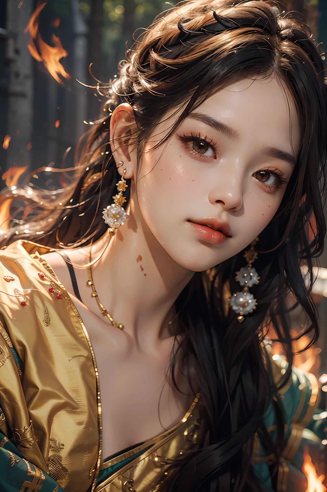 Best Quality, Masterpiece, Ultra High Resolution, (Realistic: 1.4) 1 Girl, beautiful_face, Detailed Skin, Clean Skin, No Freckles, Full Body, Yuhuo, Fire, Jewelry, Solo, Earrings, (Fire: 1.3), Blur, Realistic, Lips,