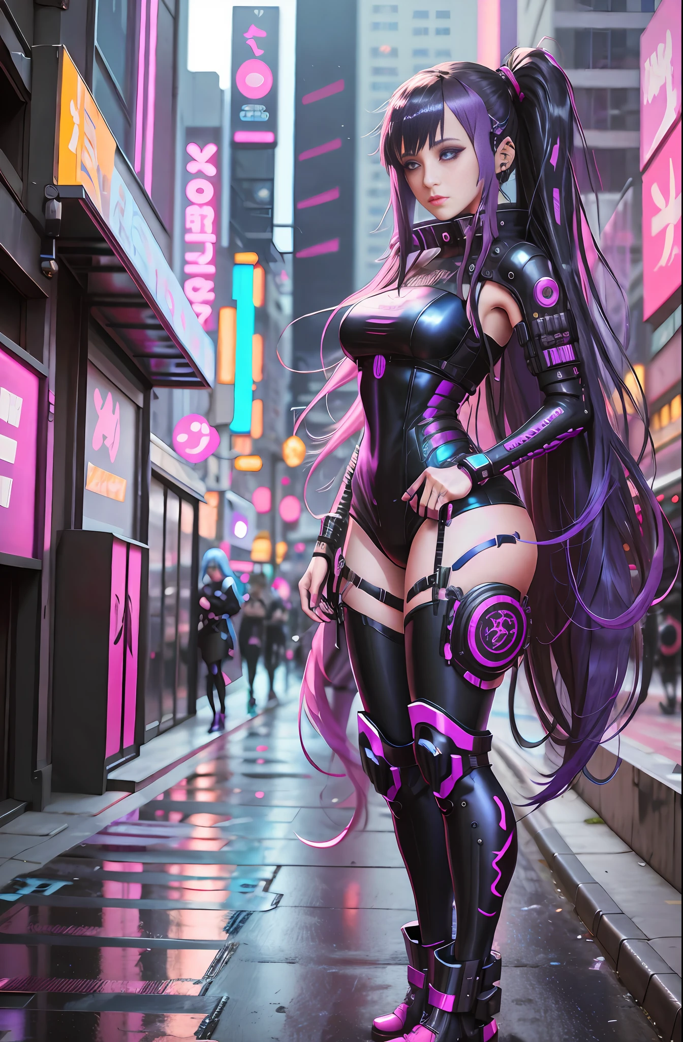 anime girl in a black and pink outfit posing on a city street, female cyberpunk anime girl, in cyberpunk city, cyberpunk anime girl, digital cyberpunk anime art, digital cyberpunk - anime art, anime cyberpunk art, in a futuristic cyberpunk city, oppai cyberpunk, in a cyberpunk city, cyberpunk art style, dreamy cyberpunk girl, cyberpunk girl, cyberpunk beautiful girl, cyberpunk themed art