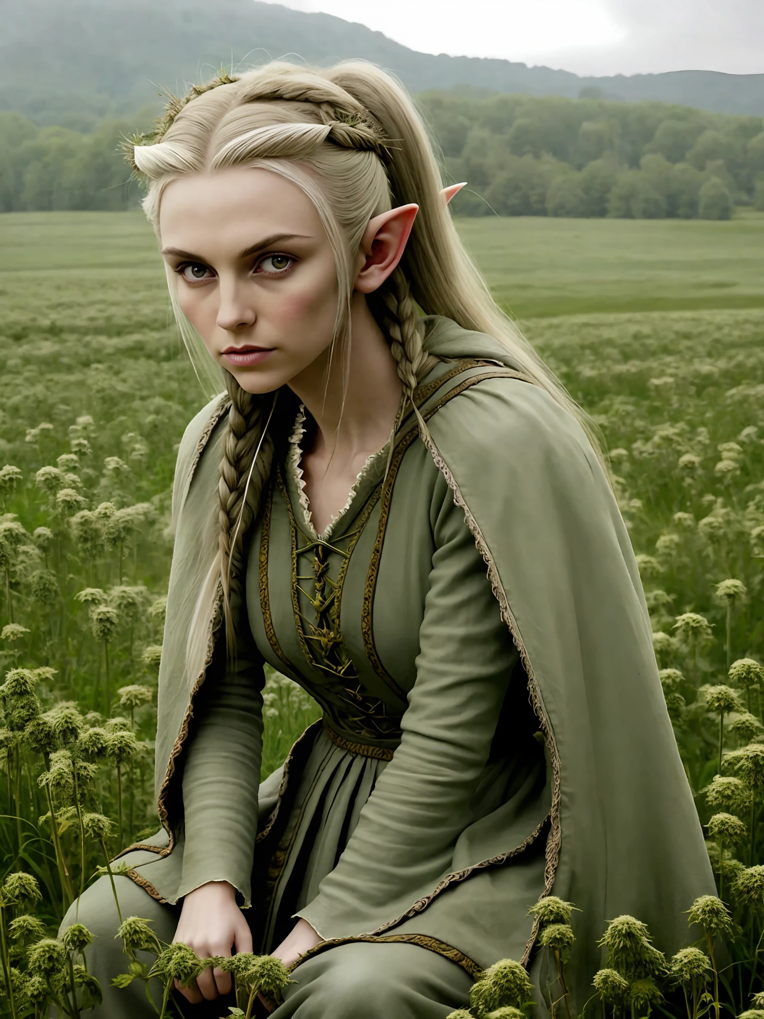 A beautiful Elven Elder ((woman)) highly defined elven features big eyes ,small pokies ((small pokies)) peroxide ((long white messy hair)) flowers in hair,(((small pointed ears))), sitting in highly detailed rural french (meadow) setting ,wearing Medieval green cloak and (furs, leathers, and roughly spun cloths, such as hemp or linen). eyeliner, blush, lipstick, art gallery, professional photography, Sony fx6 digital camera, atmospheric, highly detailed, UHD, both eyes the same, masterpiece, high resolution, ultra quality, 16K, skin pores, matte ,(dancing) ,model pose ,Patrick Lichfield, rule of thirds