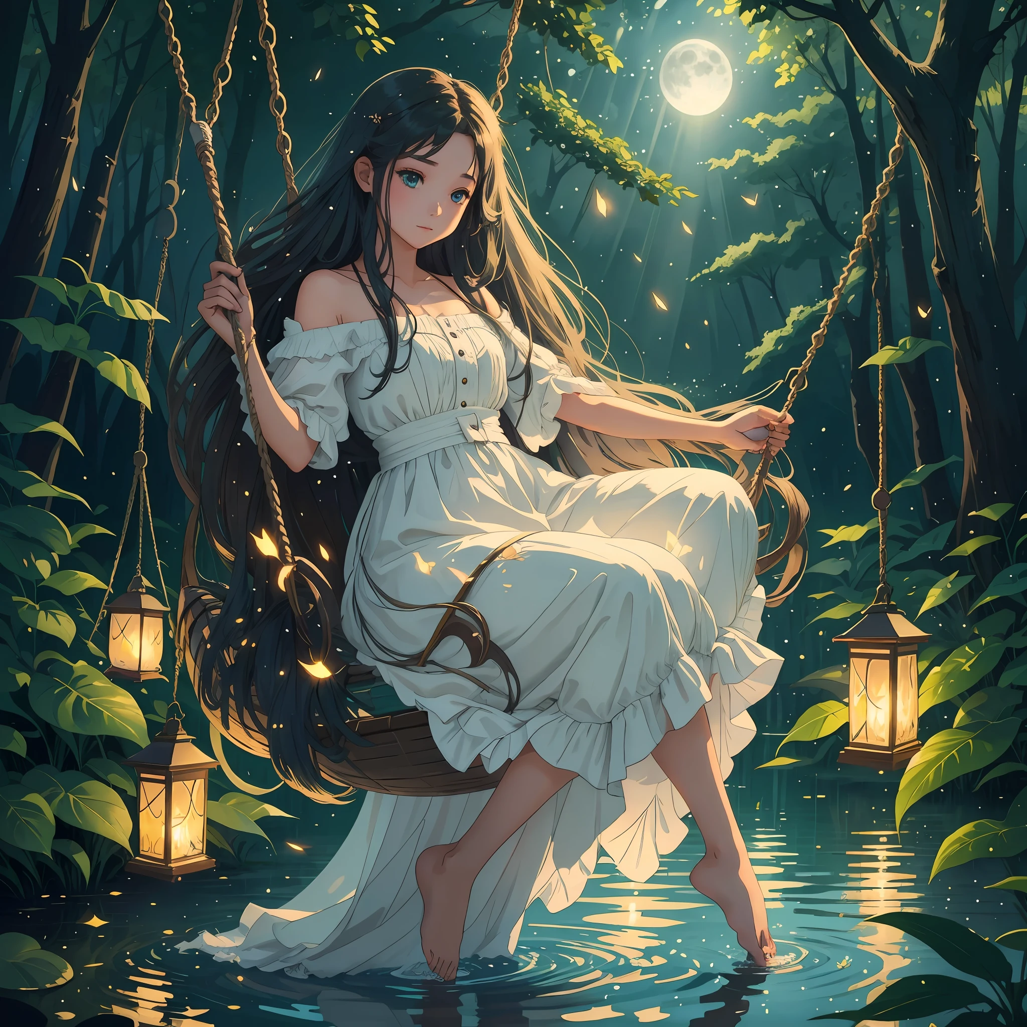 The girl with long flowing hair sits on a swing with a sparkling lake behind her back, moonlight spills on the lake, surrounded by forests and fireflies flying --auto --s2