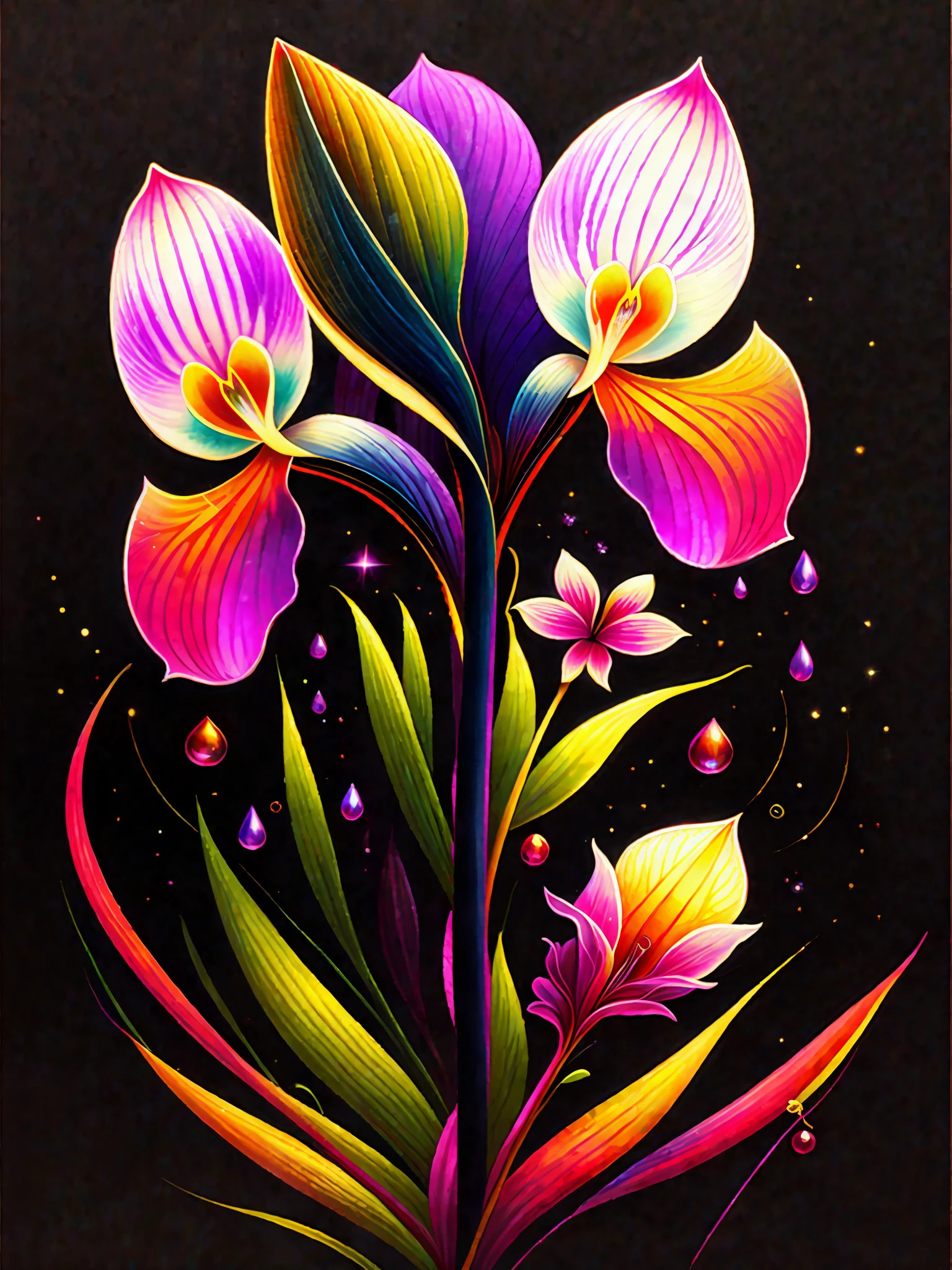 a painting of a colorful orchid on a black background,, breathtaking rendering, within a radiant connection, inspired by Kinuko Y. Craft,, magical elements, icon of an orchid, wow, is beautiful, casting a multi colorful spell, bright flash, flash