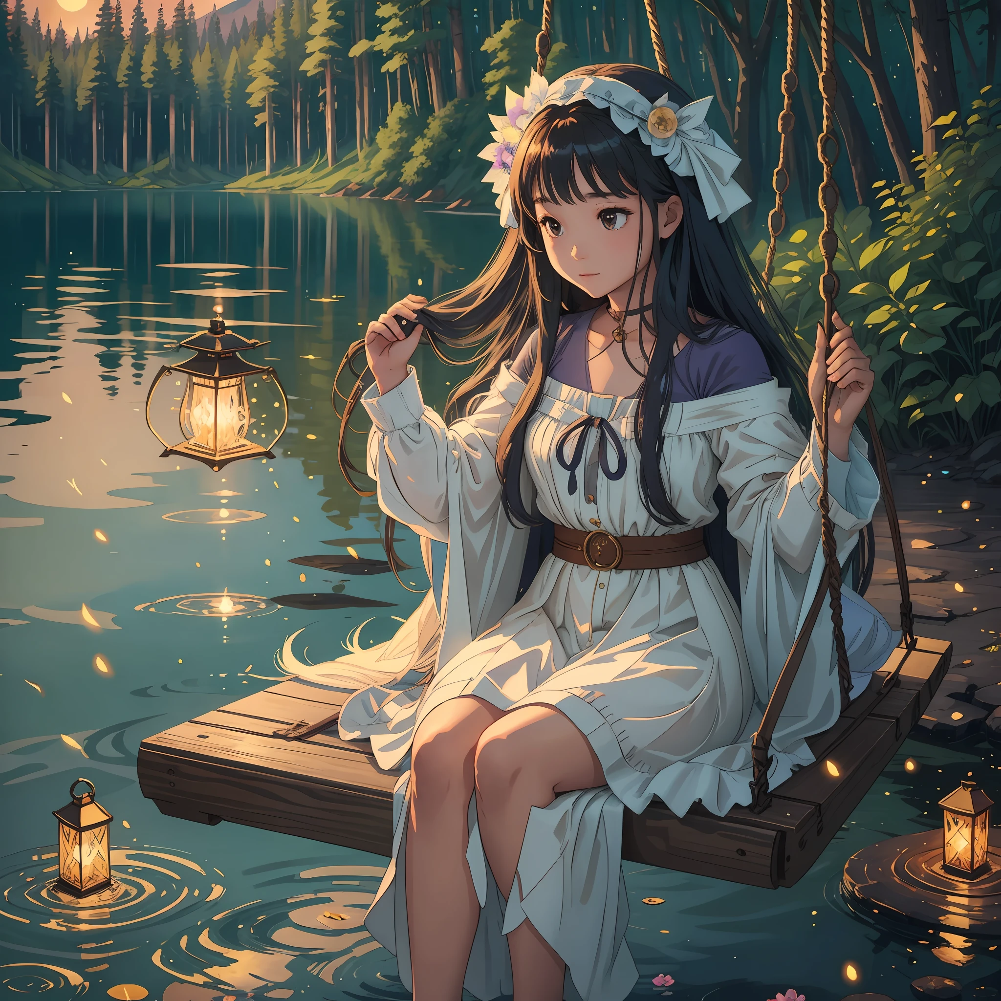 The girl with long flowing hair sits on a swing with a sparkling lake behind her back, moonlight spills on the lake, surrounded by forests and fireflies flying --auto --s2