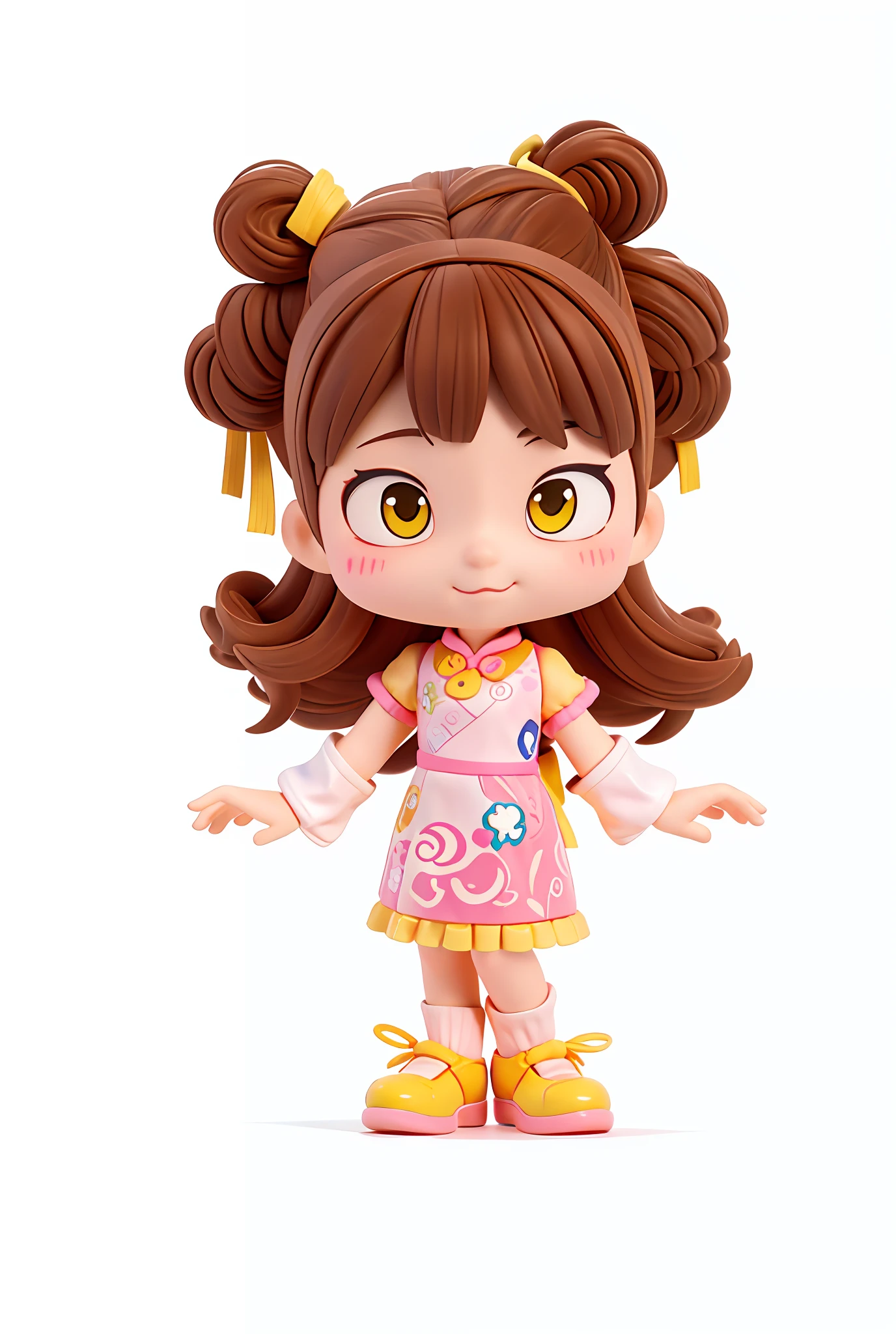 Cartoon girl with brown hair and pink off-the-shoulder cheongsam with yellow bow, yellow shoes happy, inspired by Disney character portraits, cartoon cute, full body portrait, 3D avatar, blind box characters, cute characters, absurd swinging spots in dresses, madeline from celeste, cute cartoon characters, full body characters, single character full body, cartoon style, highly detailed characters, full body portraits of trousers, official fan art, characters are standing, cute cartoon characters, merged characters