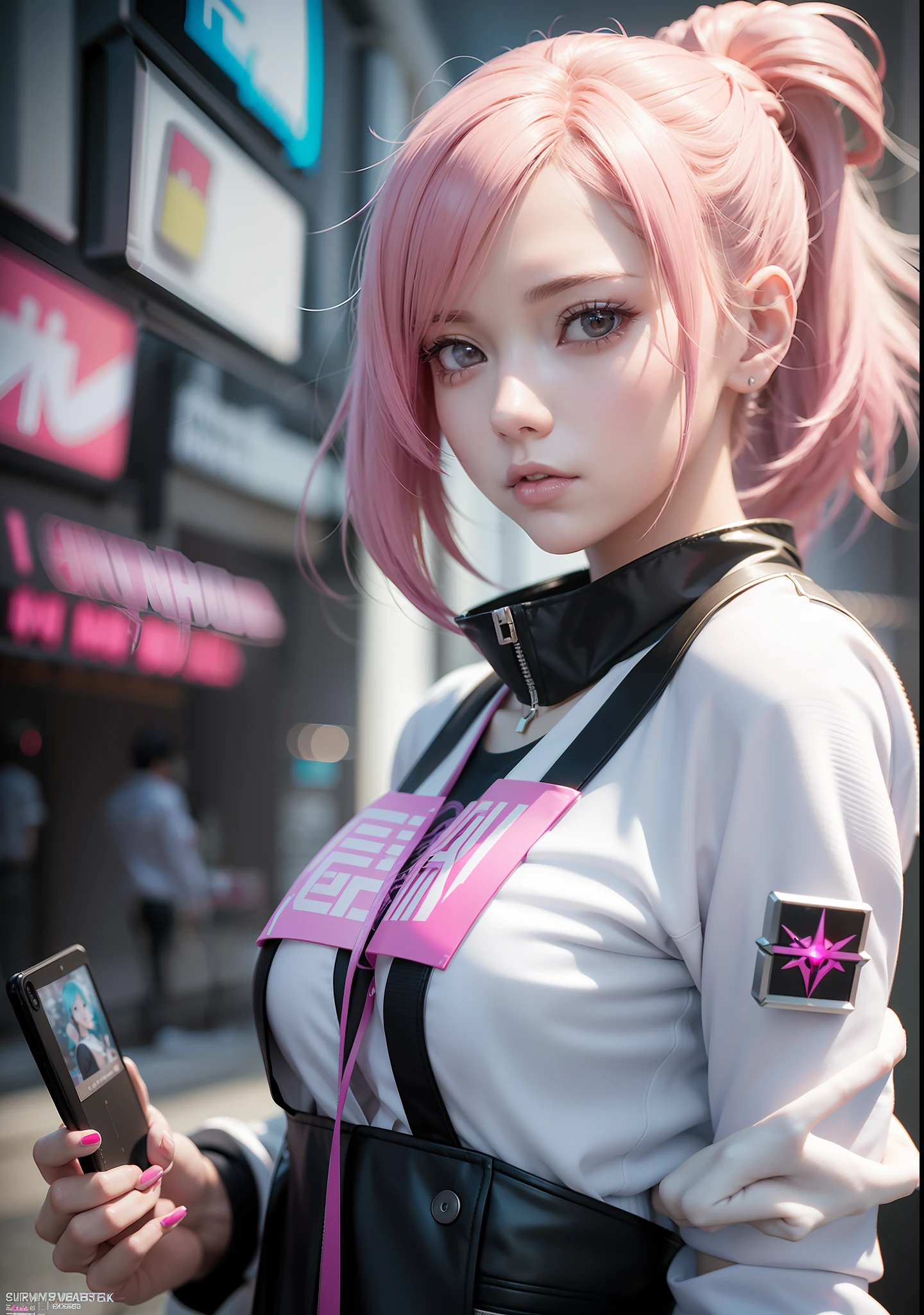 two pictures of a woman with pink hair and a white shirt, the style of wlop, wlop and krenz cushart, wlop loish and clamp style, trending on cgstation, female cyberpunk anime girl, cyberpunk 2 0 y. o model girl, 3 d render character art 8 k, ross tran and wlop, cyborg - girl with silver hair