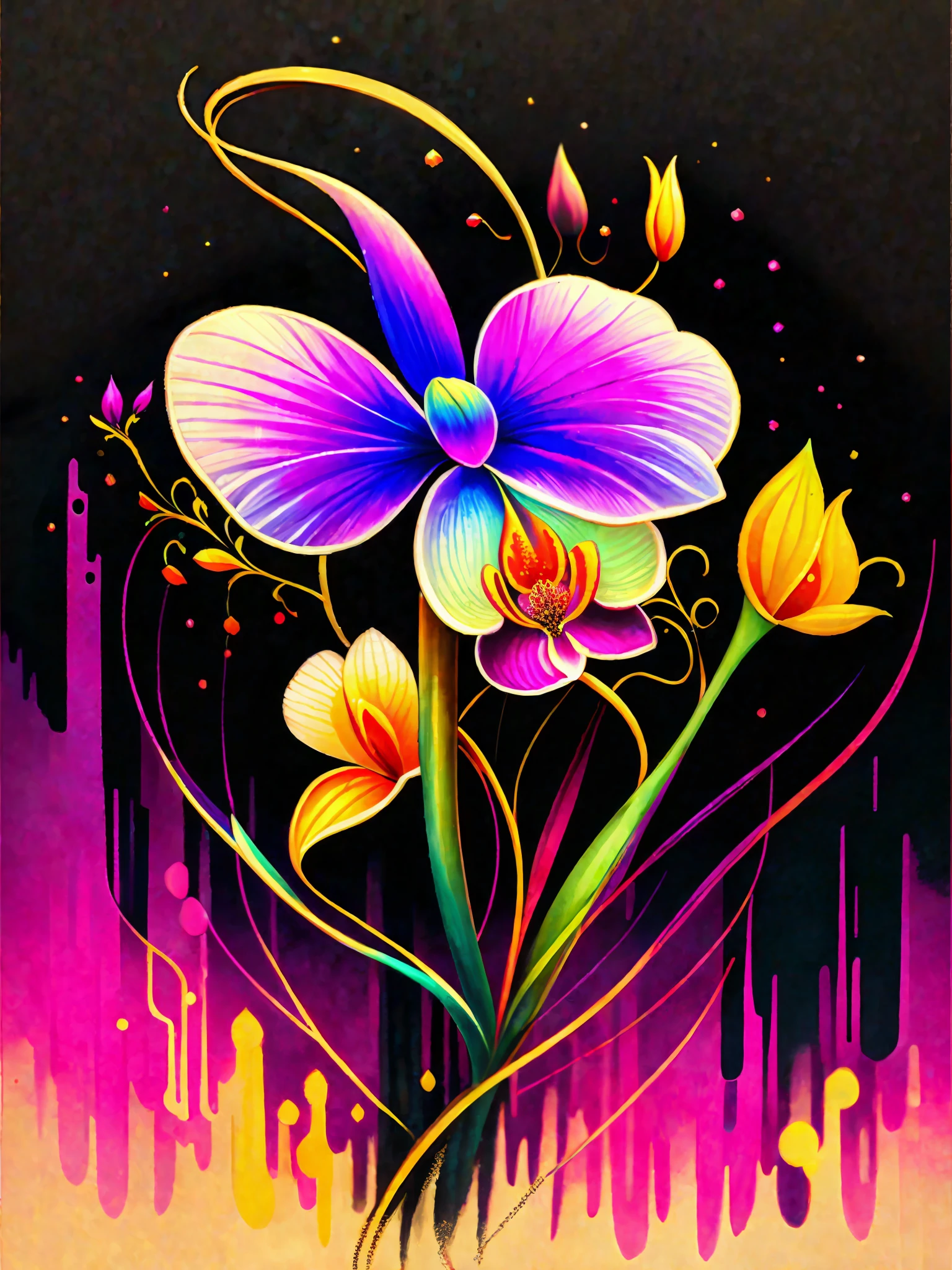 a painting of a colorful orchid on a black background,, breathtaking rendering, within a radiant connection, inspired by Kinuko Y. Craft,, magical elements, icon of an orchid, wow, is beautiful, casting a multi colorful spell, bright flash, flash