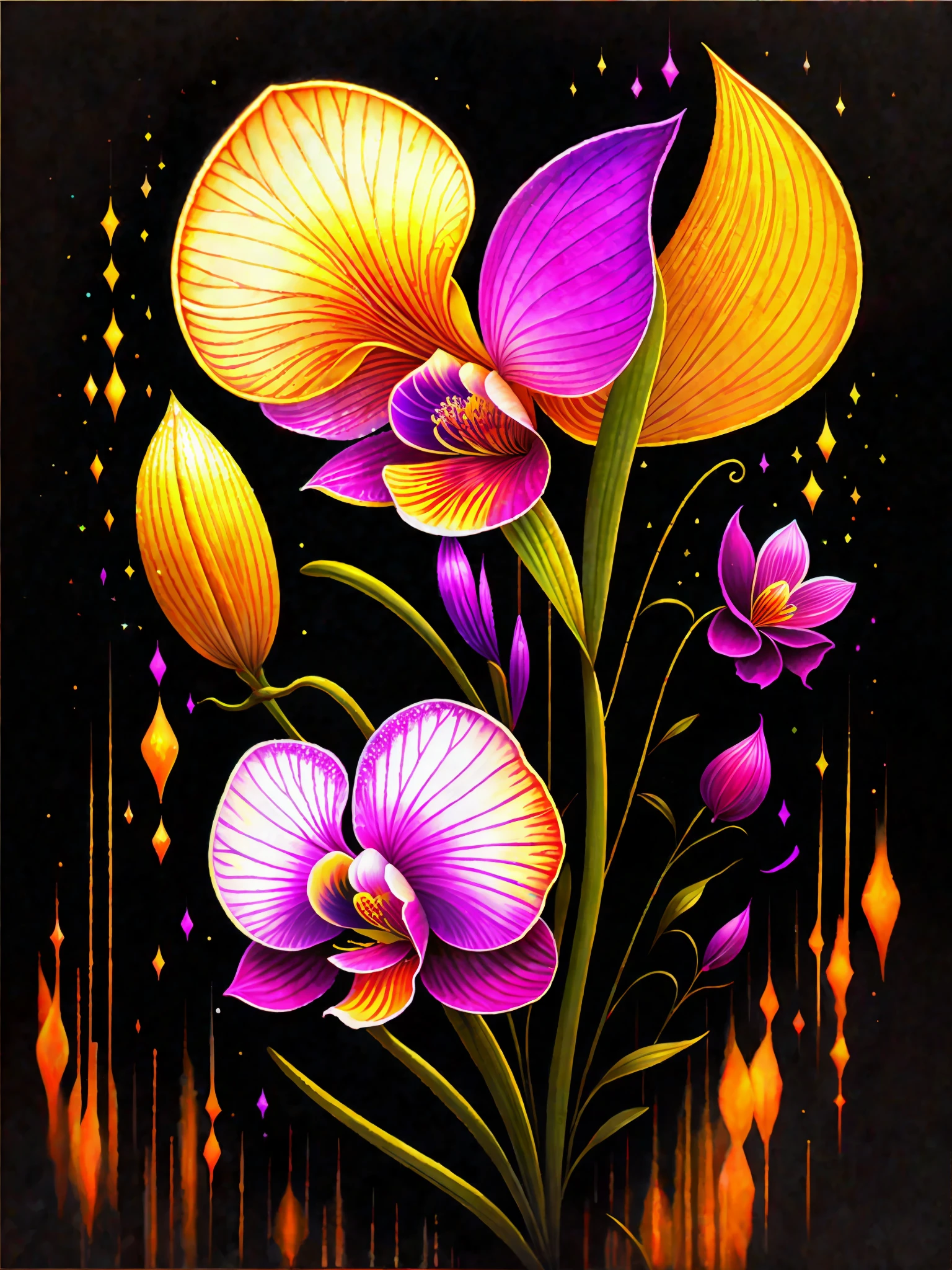 a painting of a colorful orchid on a black background,, breathtaking rendering, within a radiant connection, inspired by Kinuko Y. Craft,, magical elements, icon of an orchid, wow, is beautiful, casting a multi colorful spell, bright flash, flash