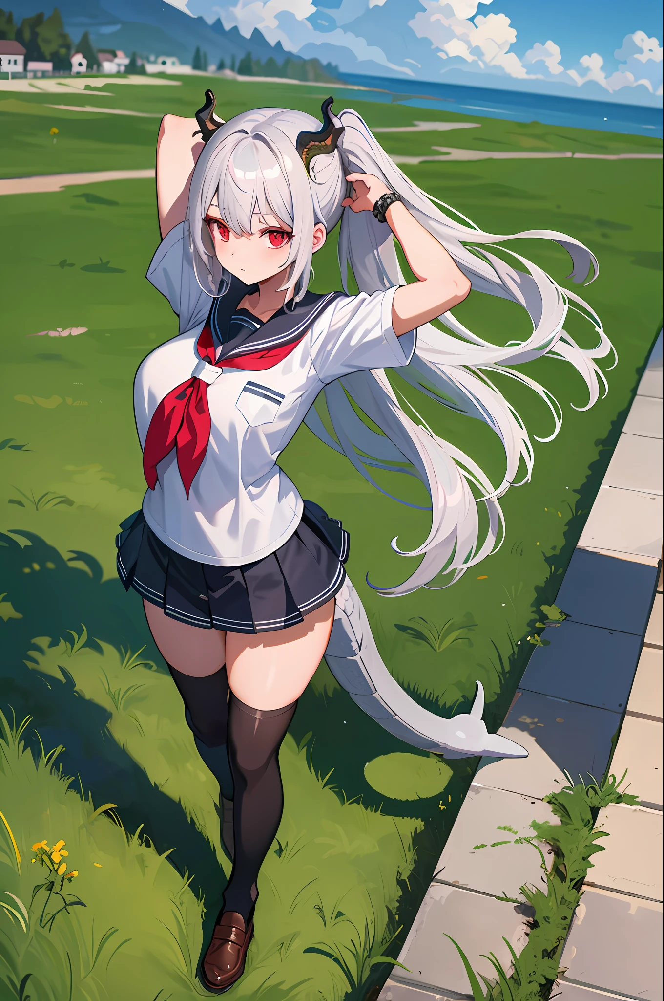 masterpiece, best quality, high_resolution, fine details, very detailed and beautiful, distinct_image, 1 girl, solo, from above, silver hair, red eyes, dragon horns, (huge), (),outdoor,, dolphin shorts, arms behind you,school uniform,thighhigh,miniskirt