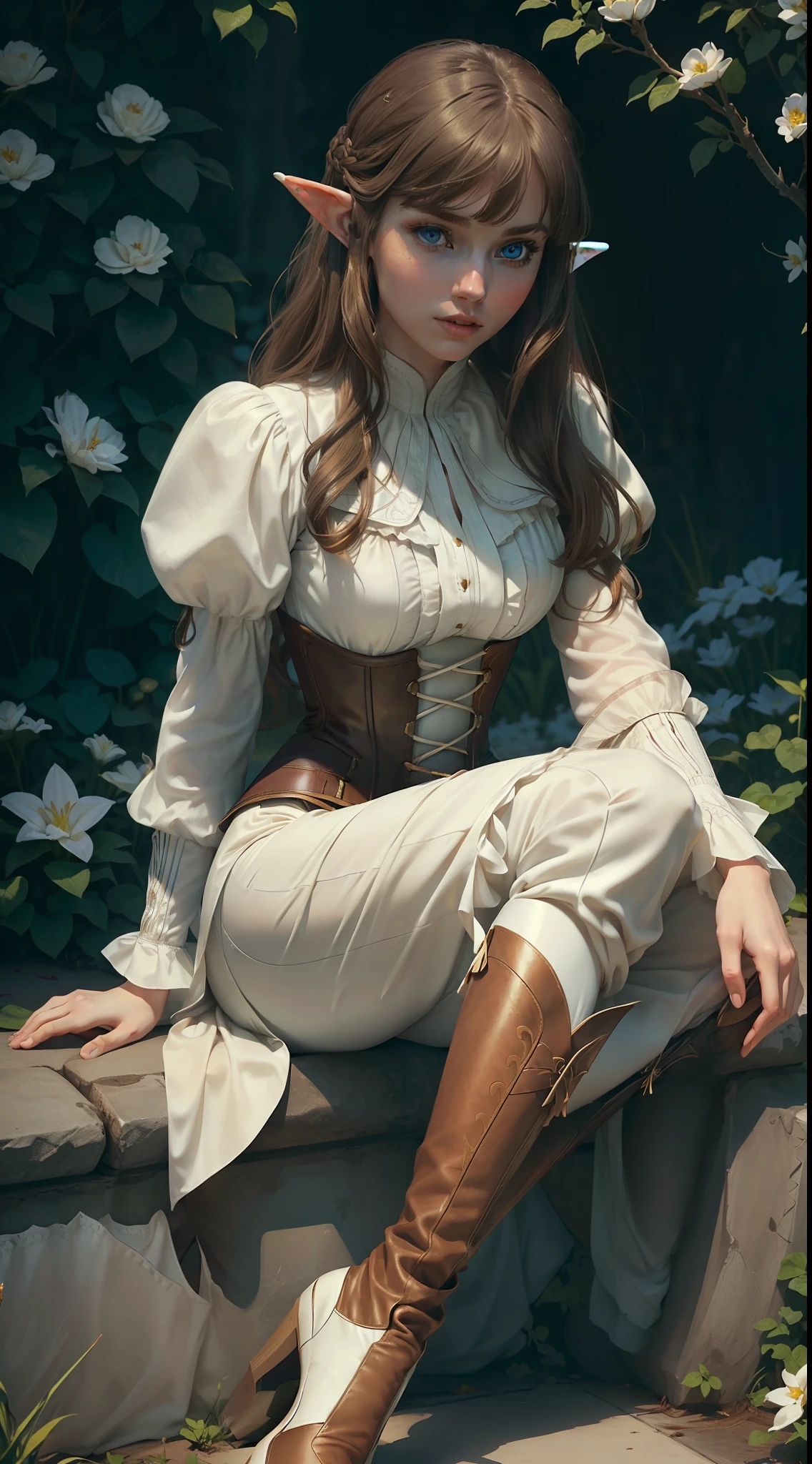 A woman, (((solo))), (elf, white skin, long light brown hair with straight bangs, beautiful, graceful face), (monochromatic blue eyes, no pupil), (wears an elegant noble costume, a white shirt with a corset, a brown pants and high-heeled boots), close up, she is sitting in a beautiful flowering garden in spring