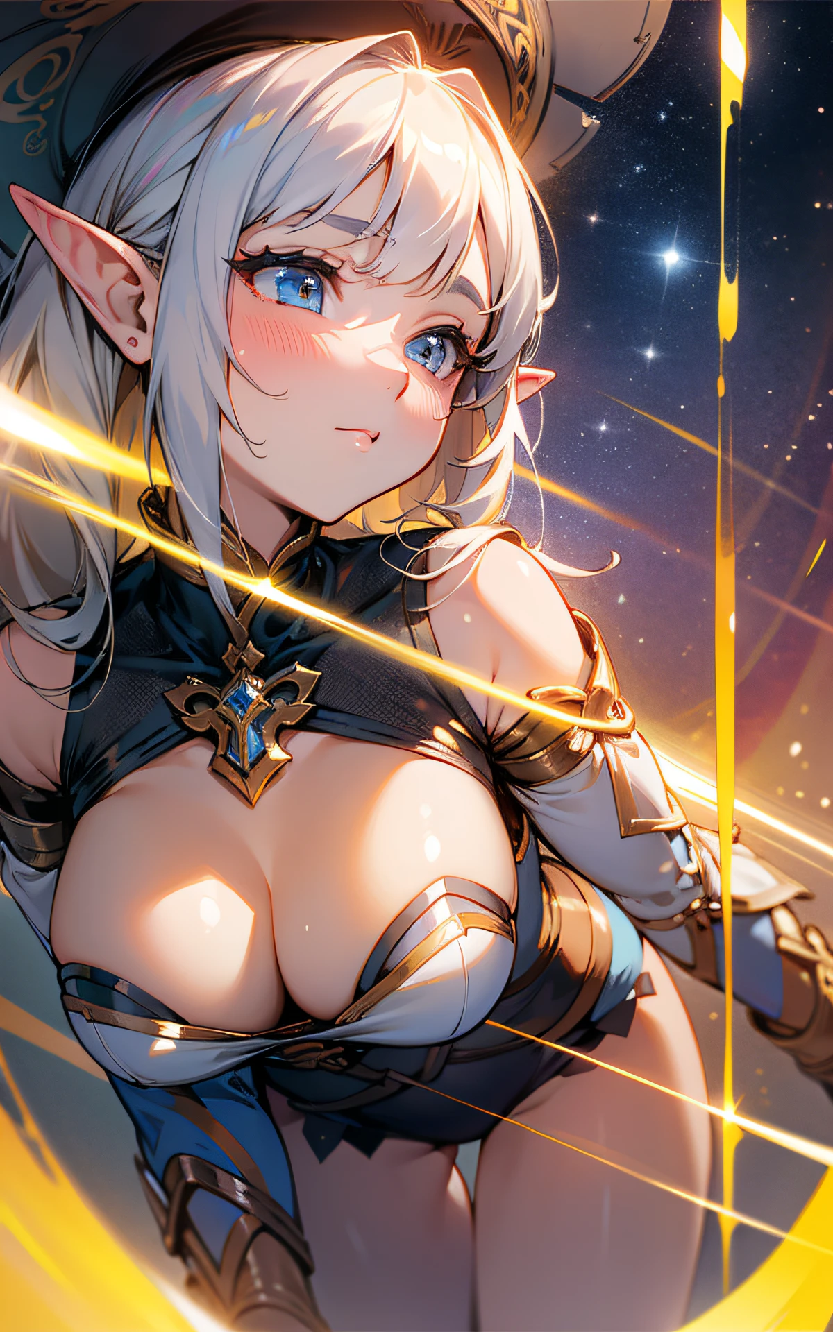 (Original Character、Unity 16K Wallpaper, Masterpiece, Best Quality, Ultra-Detailed, Extremely Detailed CG, Caustics, Cinematic Lighting, Detailed, Beautiful Detailed Eyes, solo), Ultra High Resolution, fine skin, (elf, curby), (strong light)、((brighten the subject)),outdoors,cleavage,blush,cowboy shot,Mysterious,bent over,night,starry sky,from below