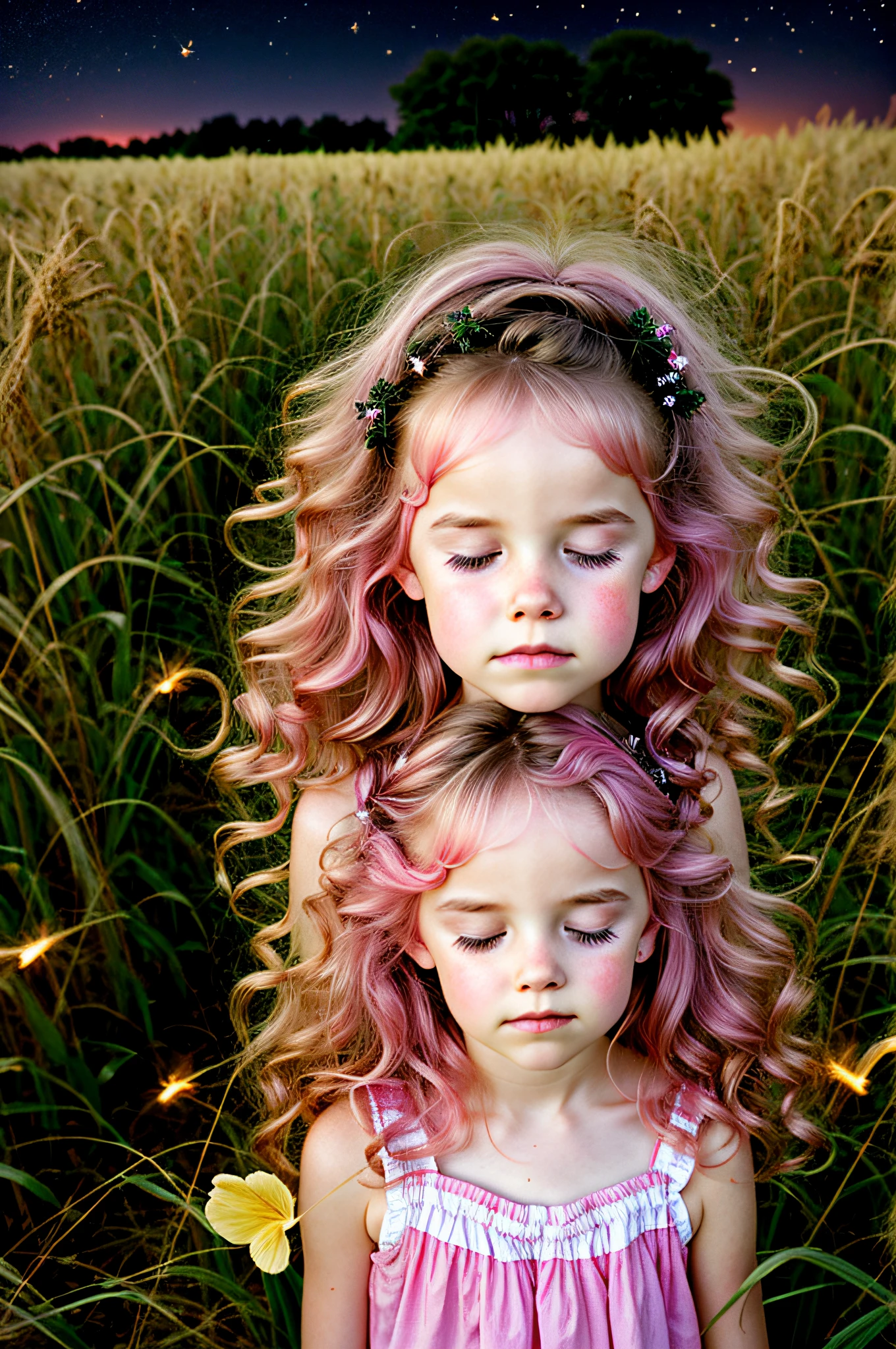 irish precious girl sleeping in cornfield with alien, nighttime, fireflies, closeup, cottoncandy, style of sally mann in color