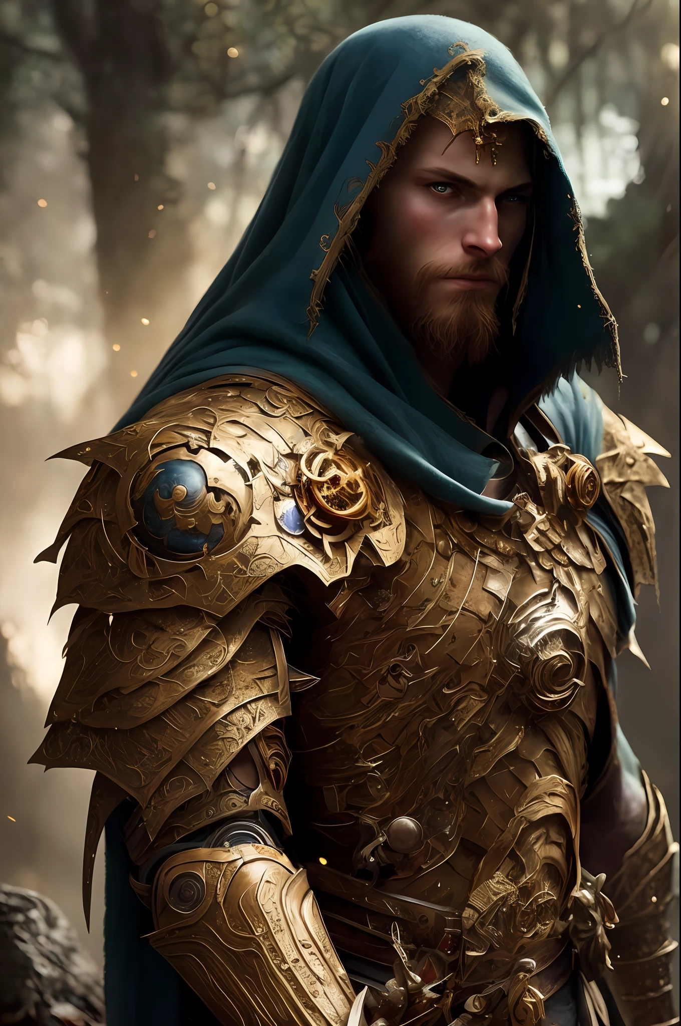 One (full body: 1.3) shot with 8k resolution, splash art, fantastic comic book style, photorealistic, intense visual, anatomical portrait of photorealistic digital painting of a young Viking man: 1.3) human (warrior: 1.3) in intricate black and gold (heavy armor: 1.3) in one (dark and temperamental universe: 1.3), particle of light, very detailed skin, samurai, very detailed eyes,  (Elden Ring style: 1.3), (Warhammer style: 1.1), conceptual artist, global lighting, depth of field, splash art, art by Artgerm and Greg Rutkowski and Viktoria Gavrilenko