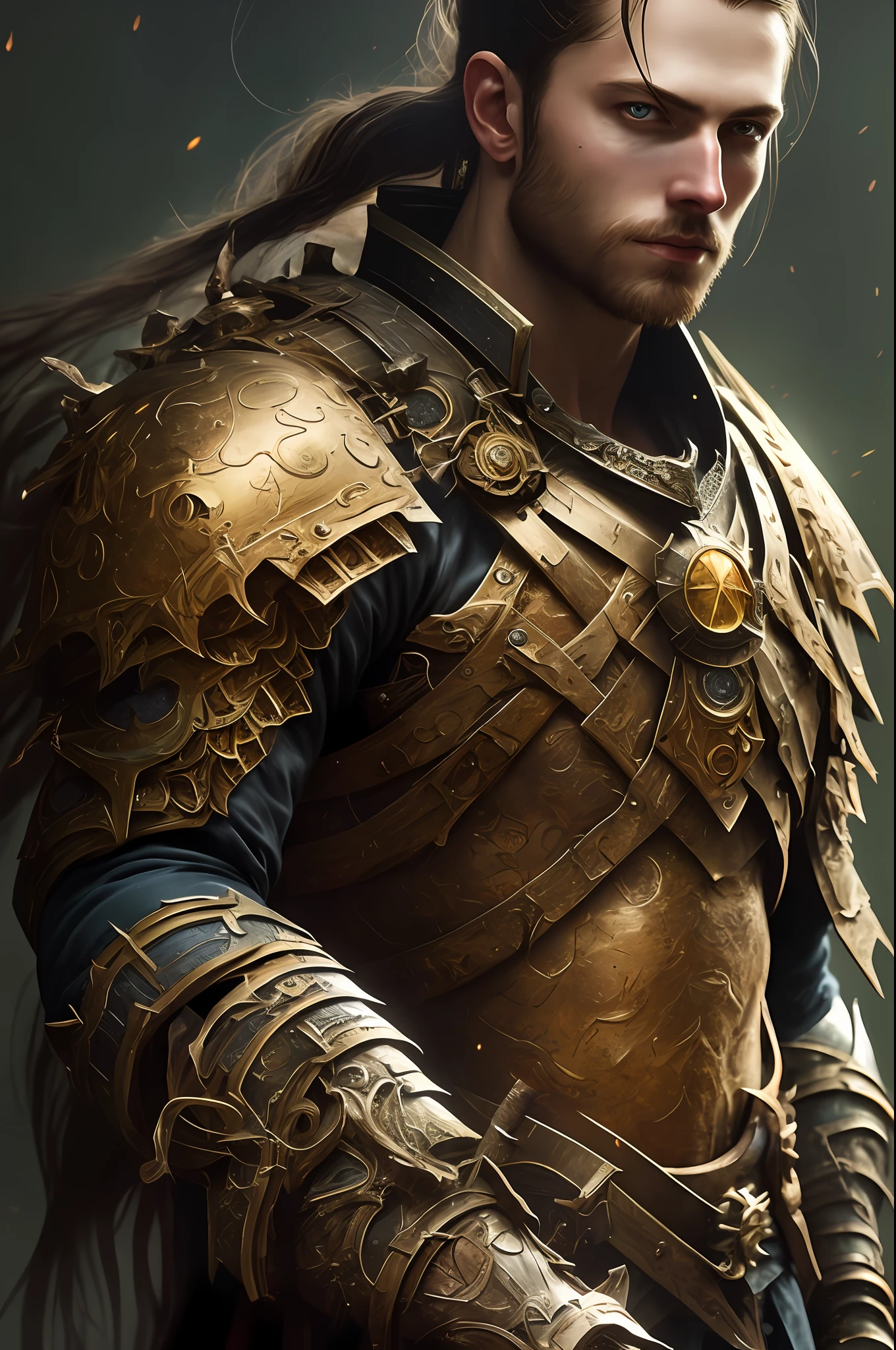 One (full body: 1.3) shot with 8k resolution, splash art, fantastic comic book style, photorealistic, intense visual, anatomical portrait of photorealistic digital painting of a young Viking man: 1.3) human (warrior: 1.3) in intricate black and gold (heavy armor: 1.3) in one (dark and temperamental universe: 1.3), particle of light, very detailed skin, samurai, very detailed eyes,  (Elden Ring style: 1.3), (Warhammer style: 1.1), conceptual artist, global lighting, depth of field, splash art, art by Artgerm and Greg Rutkowski and Viktoria Gavrilenko