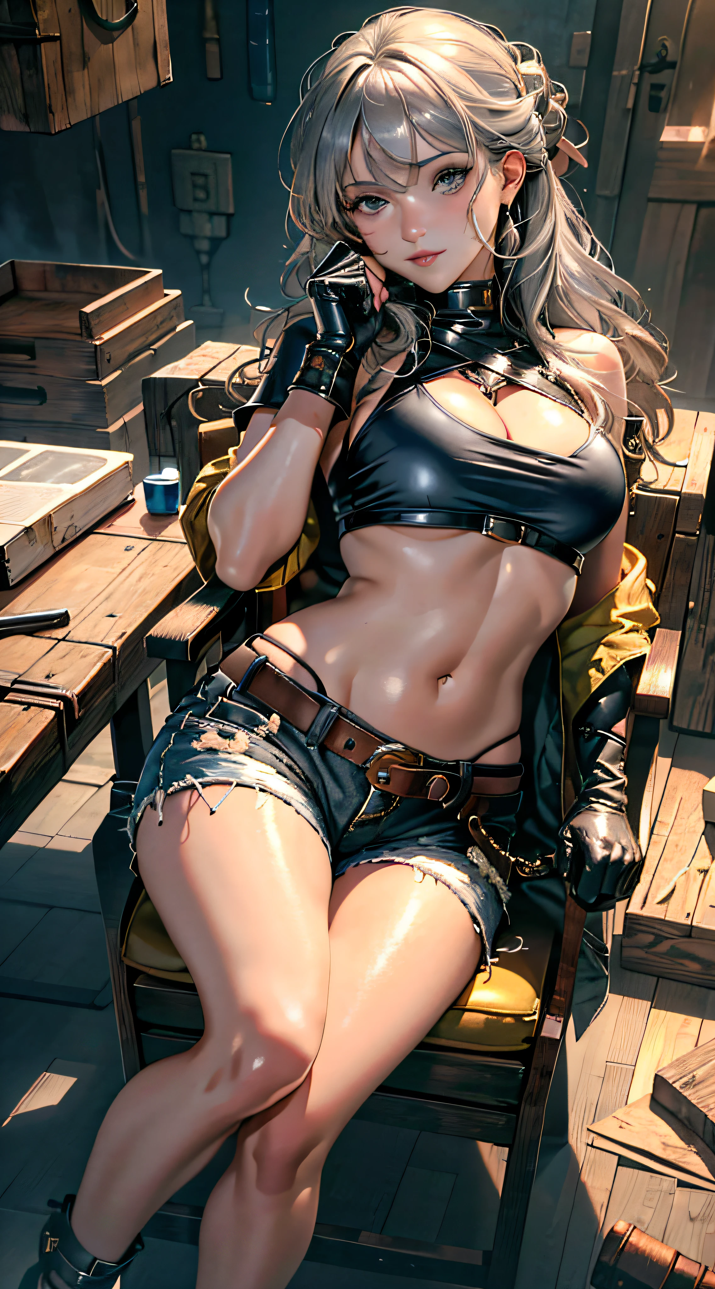 (Masterpiece, Best Quality, Details Shiny Skin: 1.2), Flawless, 8k, RAW, High Resolution, (1 Girl: 1.3), Realistic Textures, Ragged Clothes, Ragged Clothes, Ultra Shorts, Soft and Saggy Breasts, Bare Shoulders, Belly Button, Areola, Gray Hair, Long Hair, Straight Hair, Wavy Updo, Olive Skin, High Quality Face, Narrow Space, Dungeon, Wounded, Chair, Natural Gloves, Clenched Fists