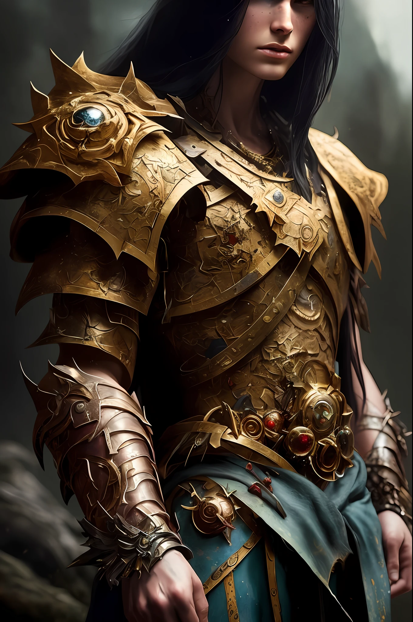 One (full body: 1.3) shot with 8k resolution, splash art, fantastic comic book style, photorealistic, intense visual, anatomical portrait of photorealistic digital painting of a young Viking man: 1.3) human (warrior: 1.3) in intricate black and gold (heavy armor: 1.3) in one (dark and temperamental universe: 1.3), particle of light, very detailed skin, samurai, very detailed eyes,  (Elden Ring style: 1.3), (Warhammer style: 1.1), conceptual artist, global lighting, depth of field, splash art, art by Artgerm and Greg Rutkowski and Viktoria Gavrilenko