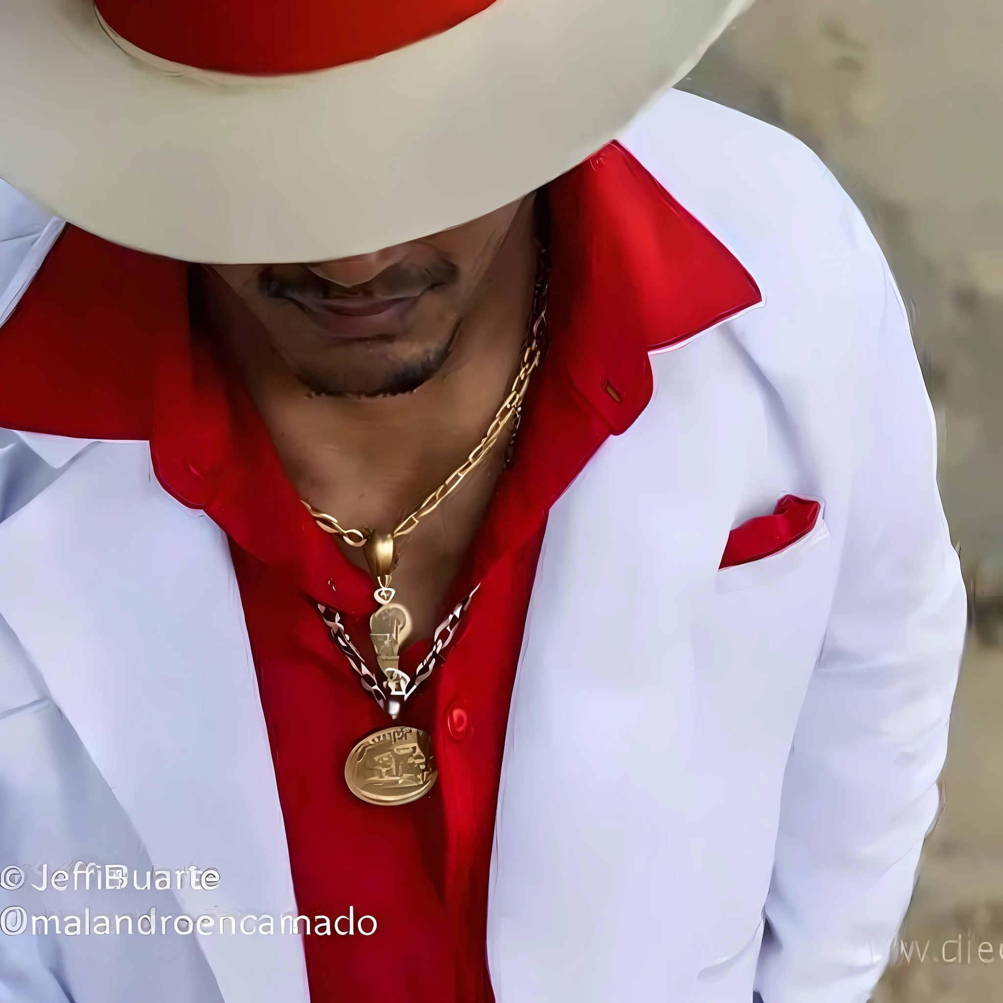 araffe wearing a white suit and red shirt with a gold chain, taken in the early 2020s, jean deville, inspired by Candido Bido, in style of davey adesida, white suit and hat, taken in the late 2010s, inspired by Oscar Rodríguez Naranjo, wearing red attire