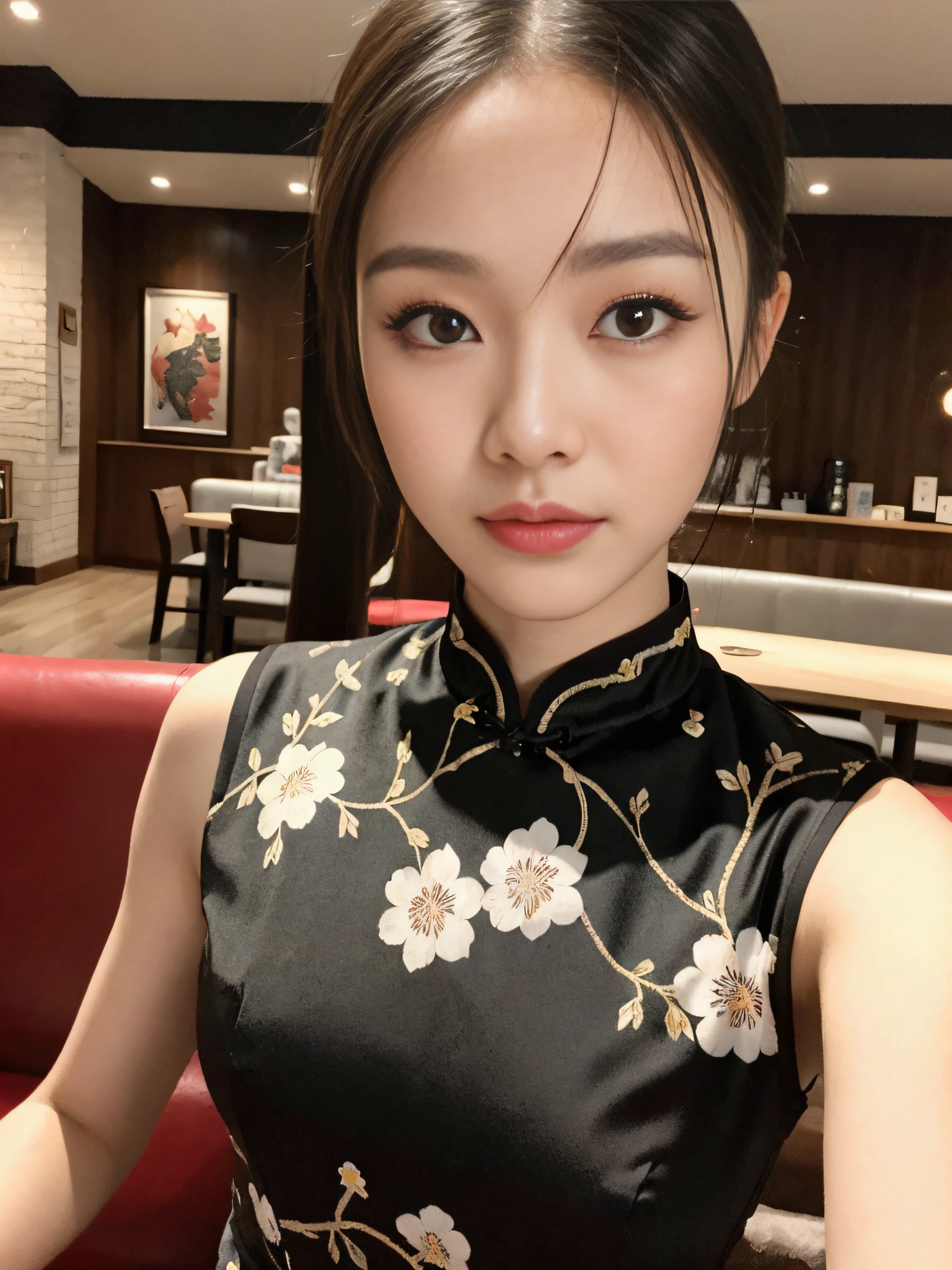 ((Best Quality, 8K, Masterpiece: 1.3)), Focus: 1.2, Wearing Black Cheongsam, Flower Print, Split End, Full Body Photo, Sitting on Sofa, Cafe Wall, Highly Detailed Facial and Skin Texture, Detailed Eyes, Double Eyelids, Whitened Skin, Long Ponytail