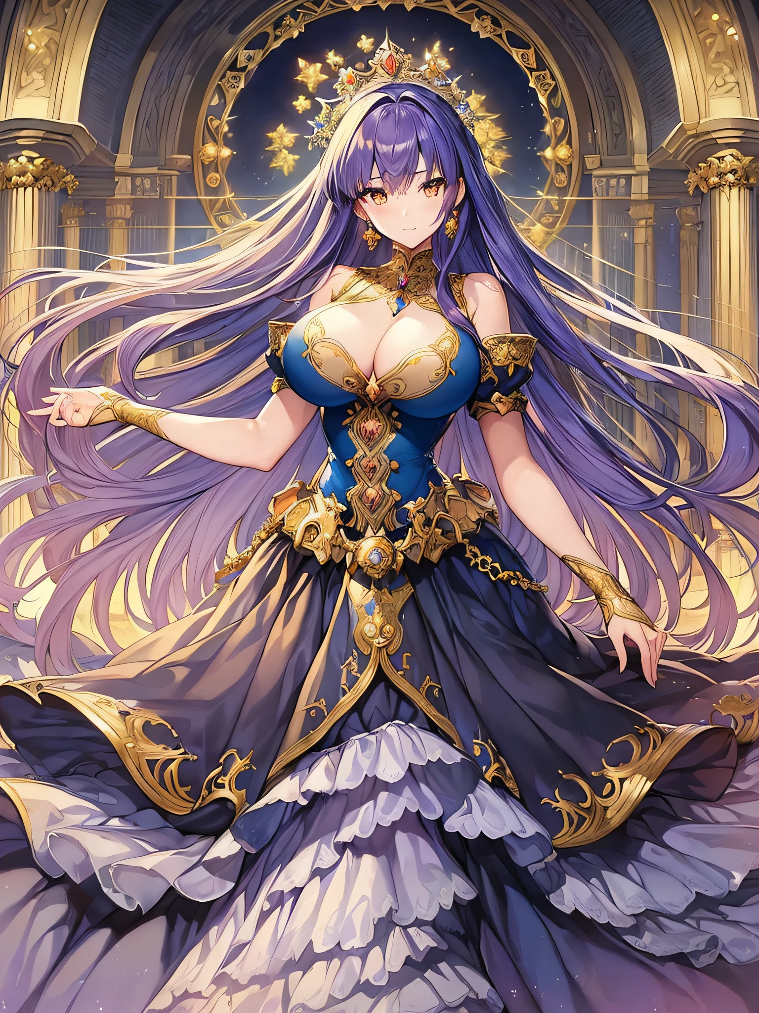 ((anime moe artstyle)),((Masterpiece)), (Best Quality), (Super Detail),Illustration,(Very Delicate and Beautiful),Dynamic Angle,Looking at viewer,(((Solo))),((Full body)),(((1 princess in gorgeous ball gown))),(Very Long Hair),gorgeous embroidery and lace,(gigantic breasts,Huge breasts,Bulging breasts,Long breasts),full length hoop skirt,((voluminous gorgeous ball gown)),