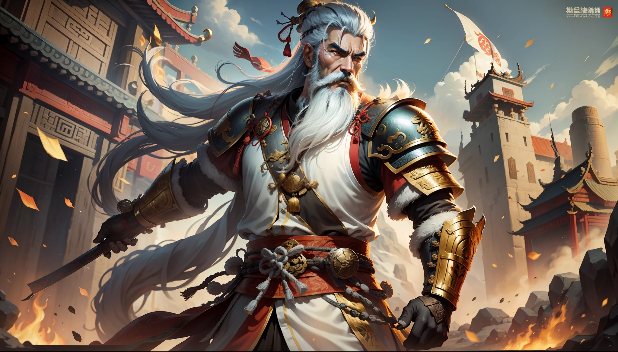 Three Kingdoms military general, Huang Zhong, white beard, long beard, golden armor, bow, 60 years old, Chinese, man